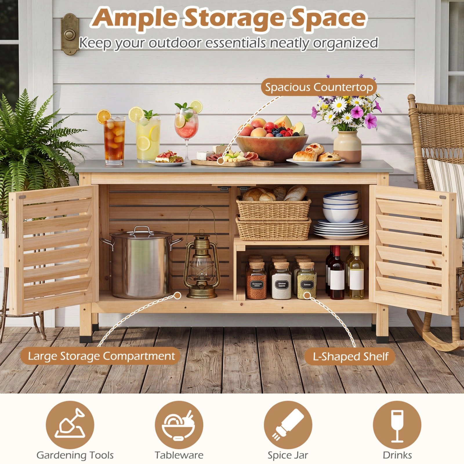SUGIFT Fir Wood Patio Storage Cabinet Stainless Steel Countertop 66-lb Capacity 43 x 16 x 24-in Natural/Silver