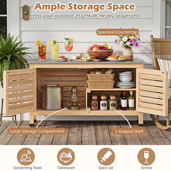 SUGIFT Fir Wood Patio Storage Cabinet Stainless Steel Countertop 66-lb Capacity 43 x 16 x 24-in Natural/Silver