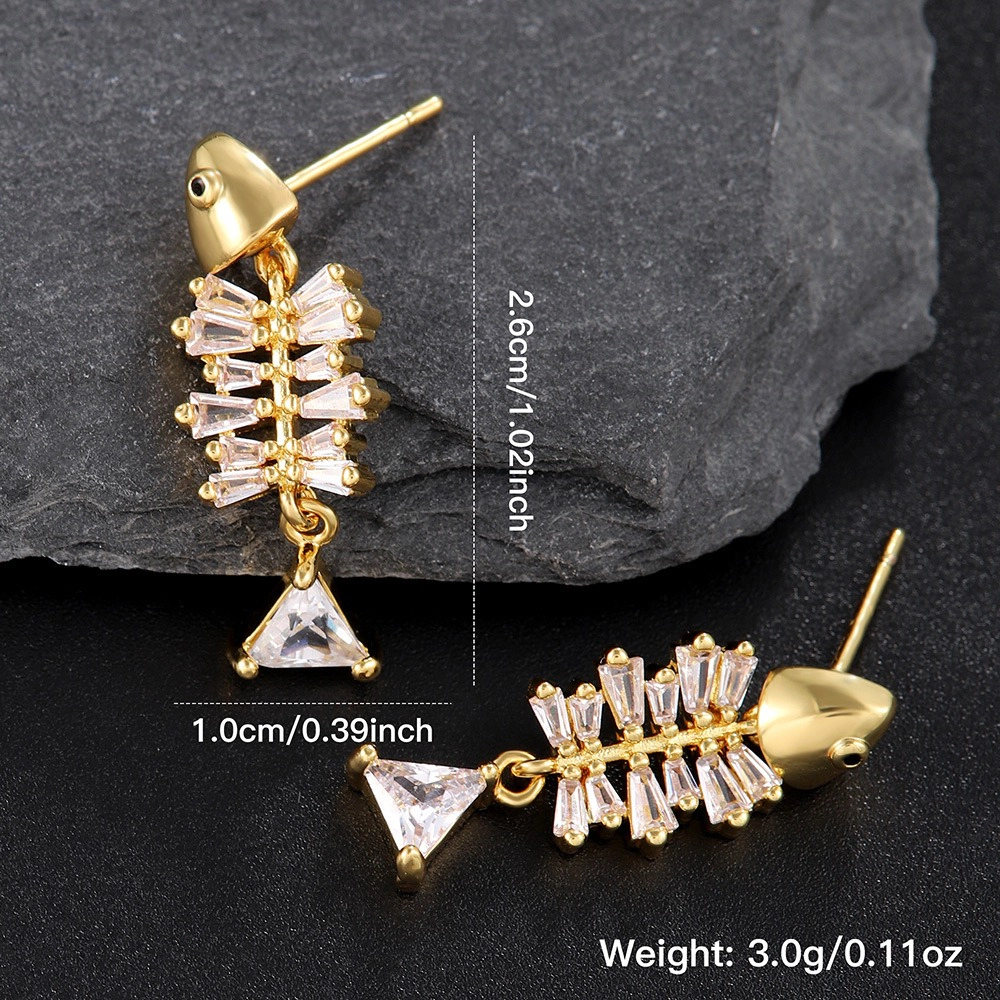 Fish Bone Cubic Zirconia Drop Earring Gold Plated Creative Fish Skeleton Dangle Earring