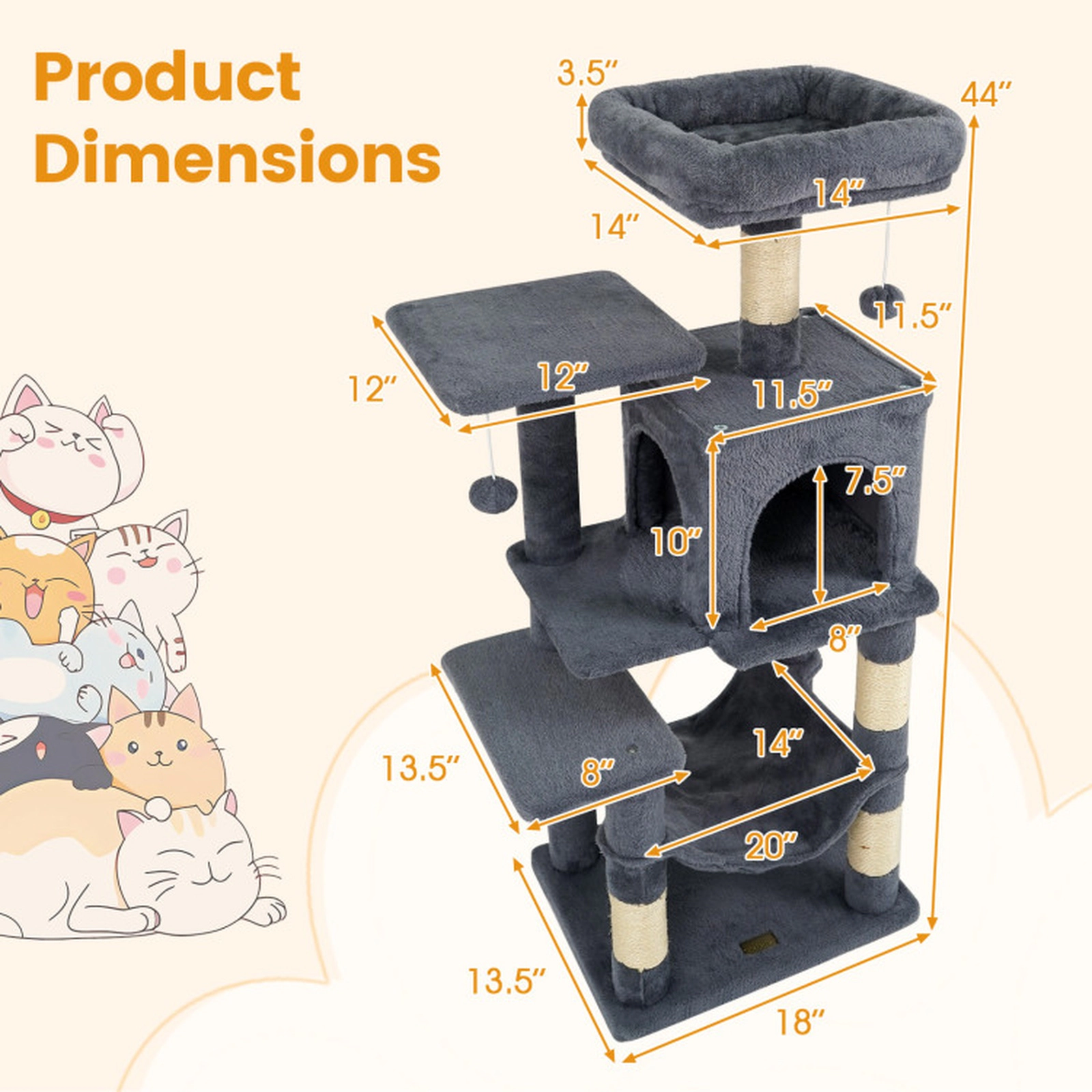SUGIFT 44 -Level Cat Tower with 2-Door Condo Hammock and Padded Perch