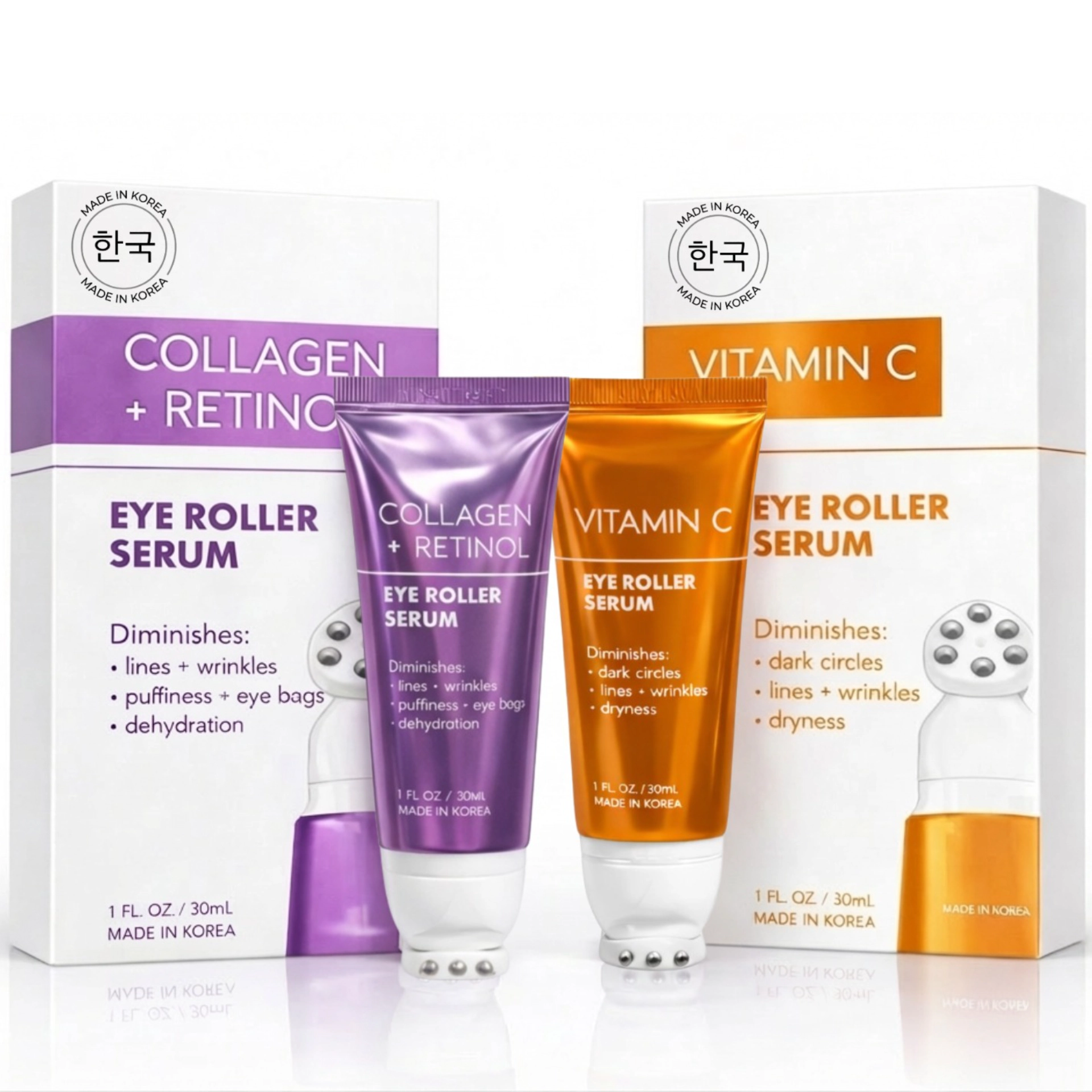 Lovery Korean Skincare Eye Roller Serum Duo - Collagen + Retinol & Vitamin C Brightening  Under Eye Treatment Set