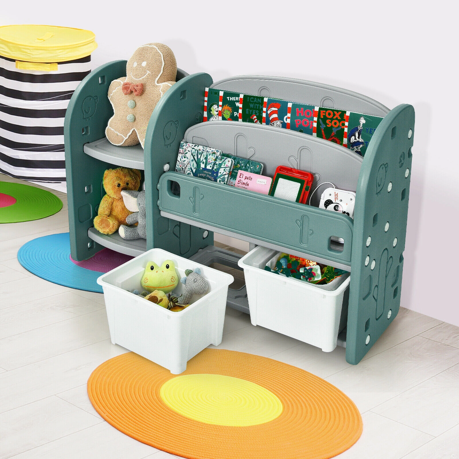 SUGIFT Kids 2-Tier 2 Open Shelves 2 Detachable Bins HDPE Toy Storage Bookshelf 46.5-in x 14-in x 30-in Ages 3+ Green
