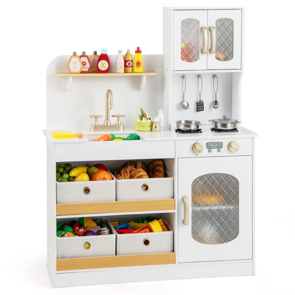 Hivvago Kids Kitchen Playset with Cooking Accessories and Toy Cuttable Veggies-White