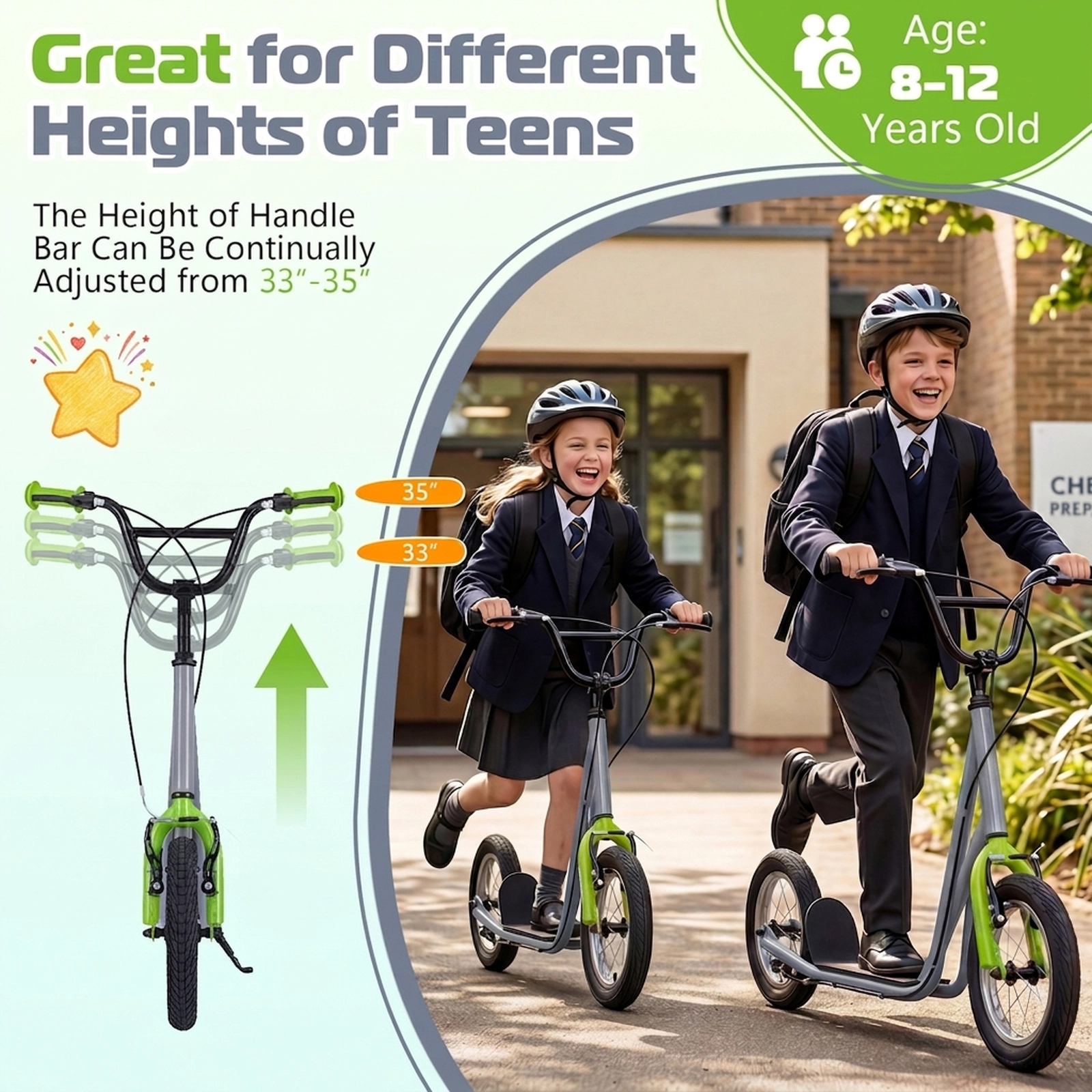 SUGIFT Kids Gray Kick Scooter with 12-in Air-Filled Wheels and Dual V-Brakes 33-in to 35-in H 165-lb Rider Capacity