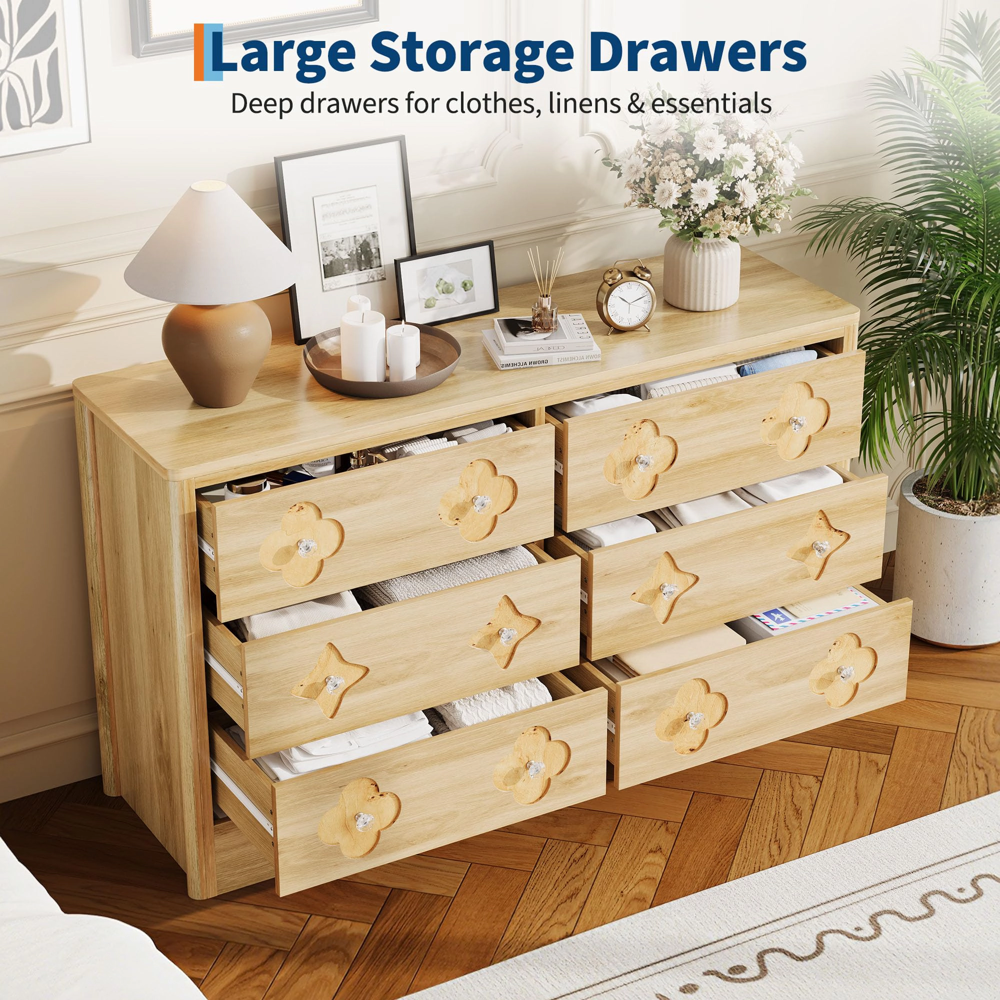 47.2" Wide 6 Drawer Wood Dresser with Crystal Knobs, Bedroom Storage Chest TV Stand Organizer