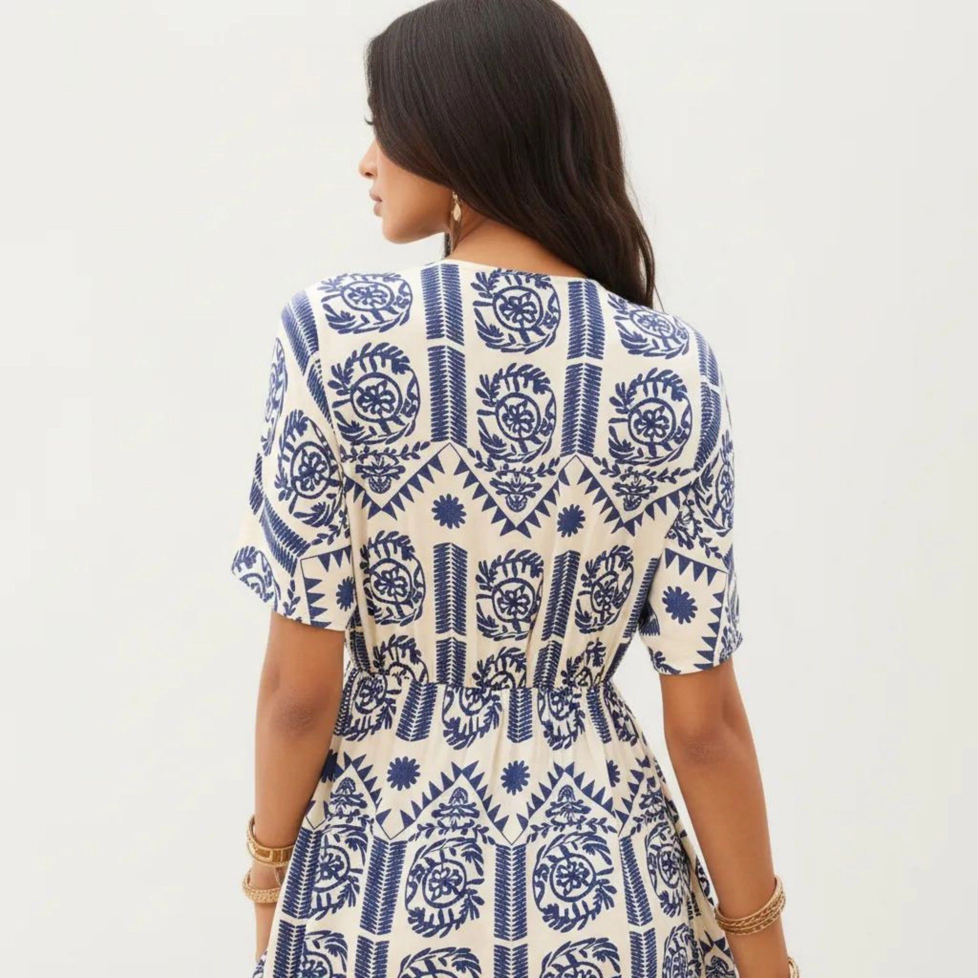 Anna-Kaci Womens Printed V-Neck Drawstring Waist Tiered Midi Dress