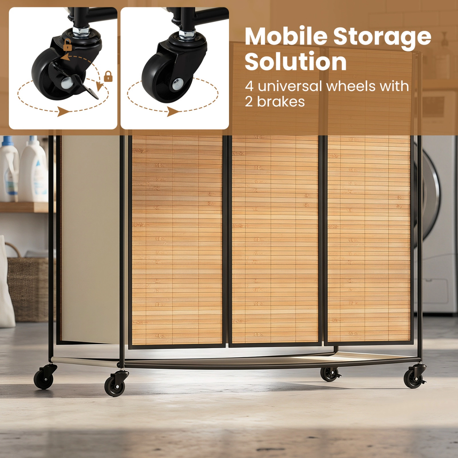 SUGIFT 21.4 Gal 3-Section Bamboo Laundry Hamper Lid 11-lb Per Section Capacity 26-in Tall with 4 Wheels Natural + Black