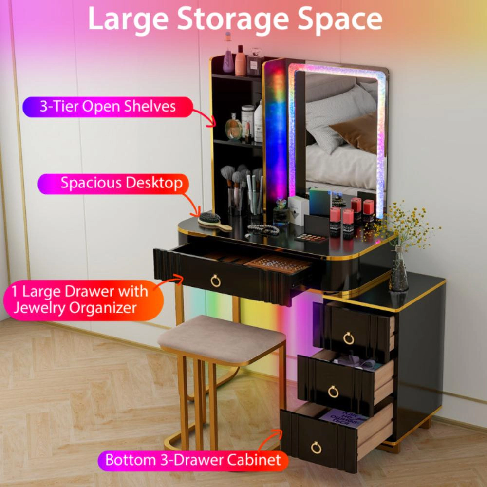Hivvago Vanity Table Set With Rgb Led Lights And Wireless Charging Station