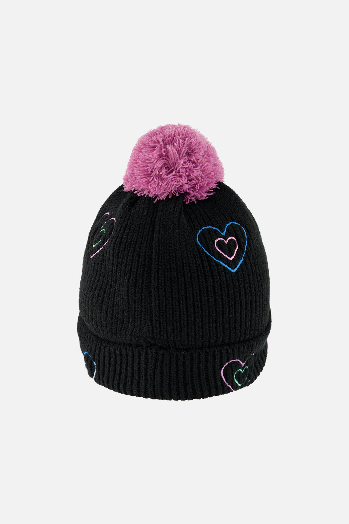 Deux par Girls Embroidered Hearts Winter Knit Hat with Pompom