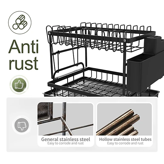 Mega Casa Kitchen Dish Rack, 2 Tier Anti-Rust Dish Drying Rack Set with Drainage Spout