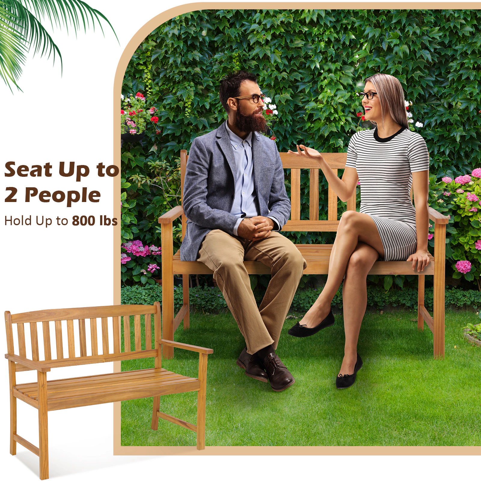 LJG 2-Person Patio Acacia Wood Bench with Backrest and Armrests