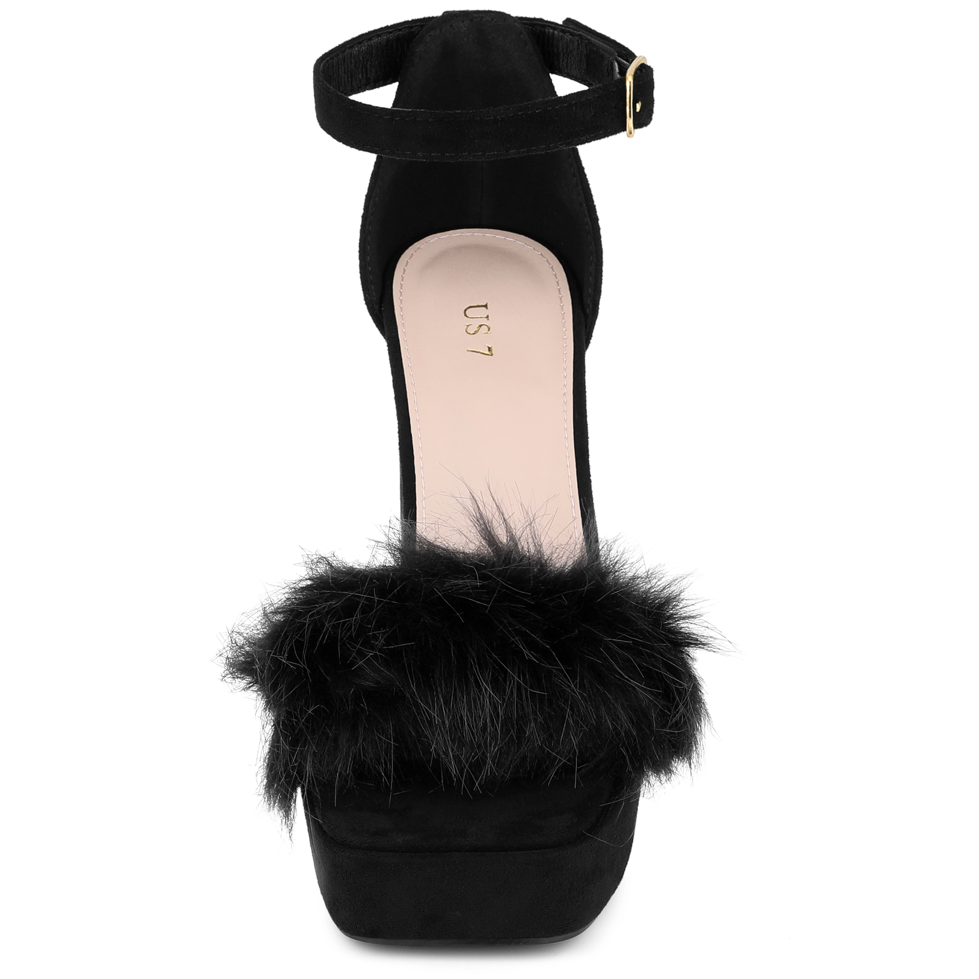 BLISSFUL STEP Women's Faux Suede Fur Square Toe Platform Chunky Heel Ankle Strap Sandals