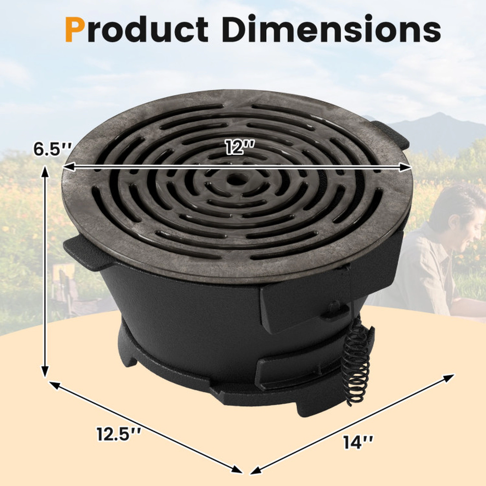 SUGIFT Round Hibachi Charcoal Grill with 12-in Double-Sided Grate Outdoor Portable Stove Black
