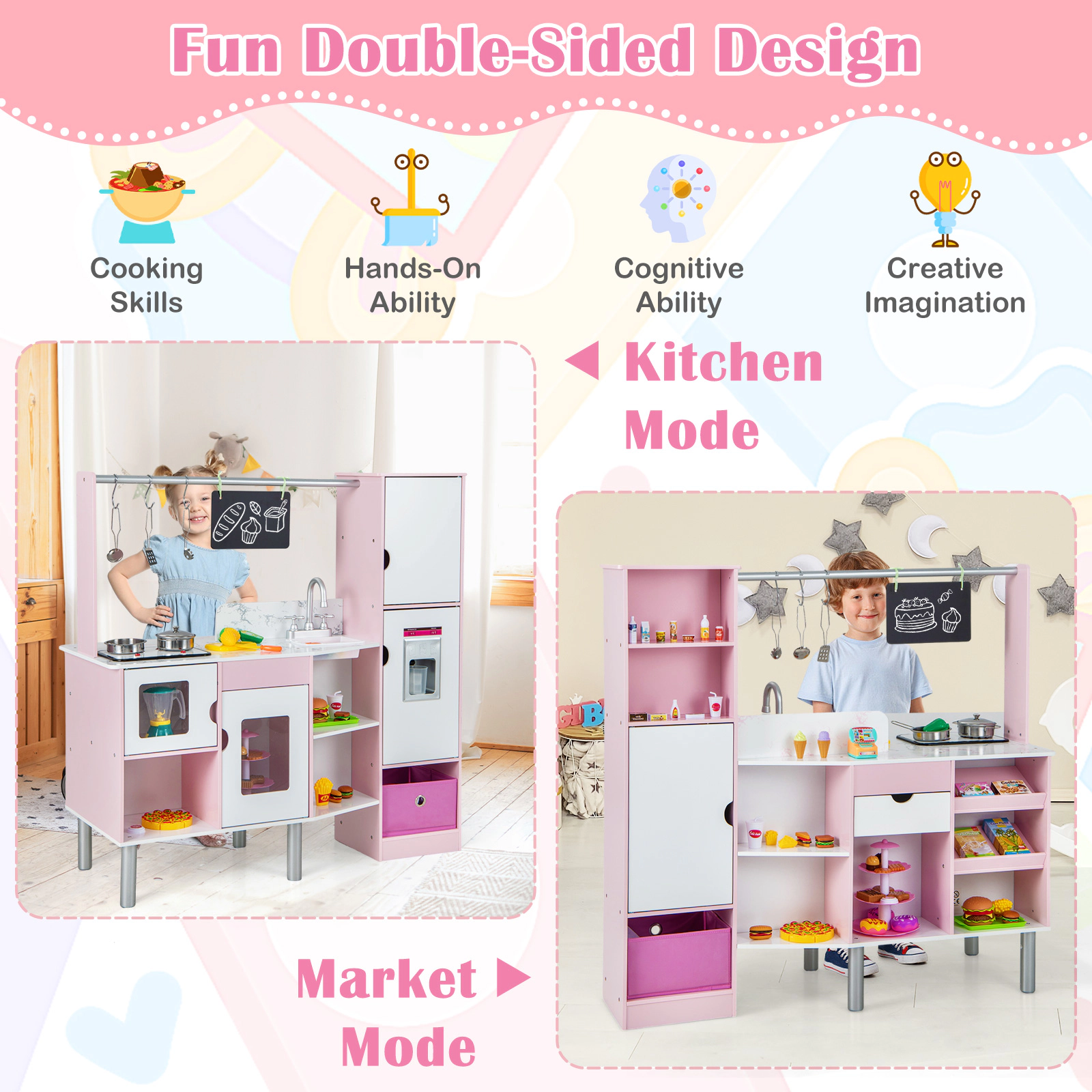 SUGIFT Pink Light and Sound 2-in-1 Double-Sided Kids Play Kitchen and Market Stand