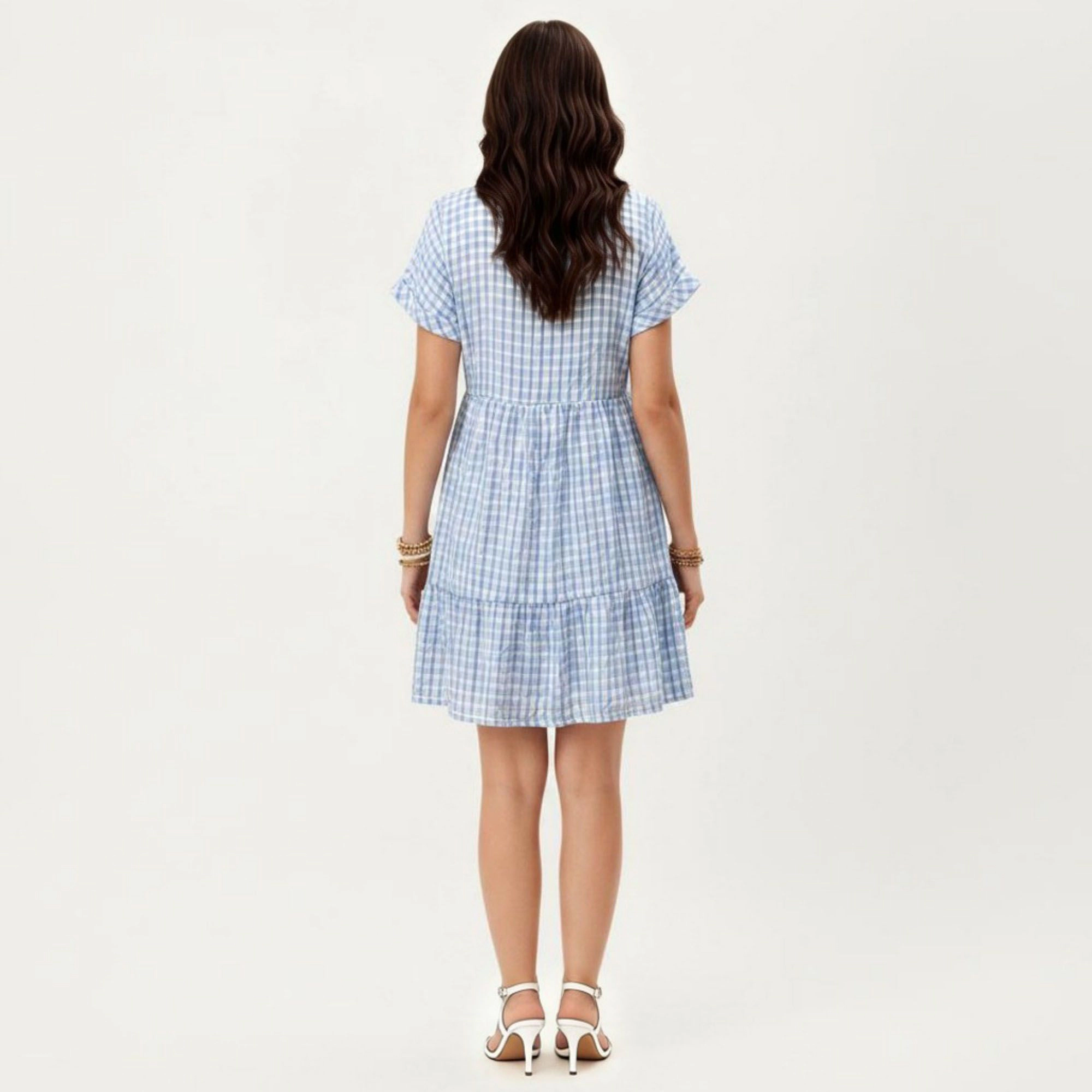 Anna-Kaci Women's Short Sleeve V Neck Plaid Tiered Hem Loose Fit Mini Dress