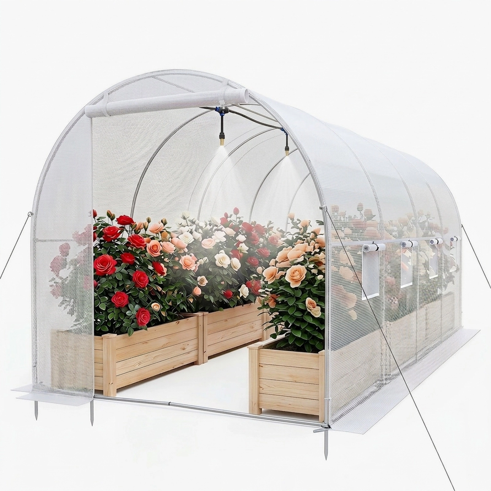 SUGIFT 15-ft x 7-ft Walk-in Tunnel Greenhouse with Watering System 49-ft Hose and Galvanized Steel Frame
