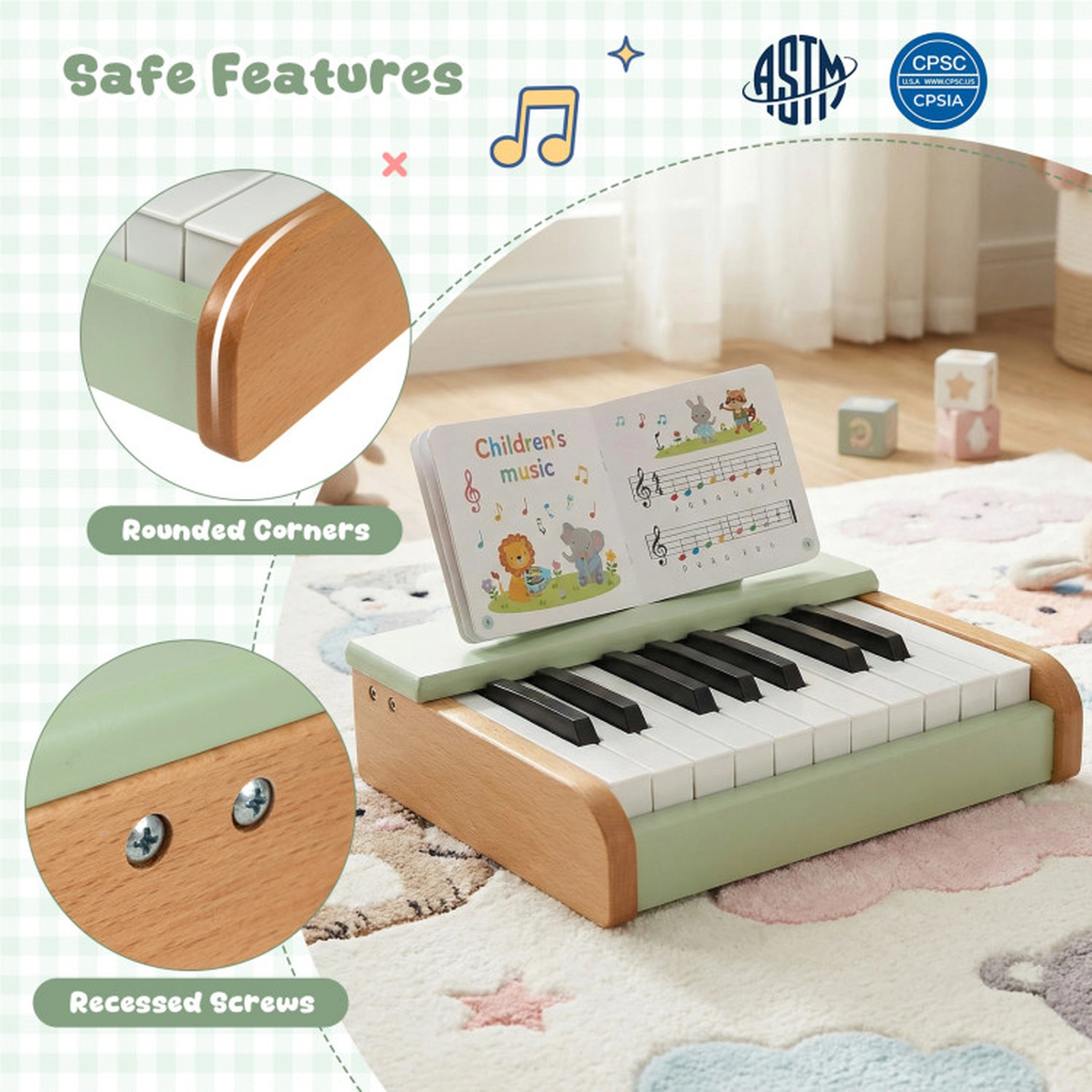 SUGIFT Green 18-Key Wooden Kids Piano with Removable Music Stand Rounded Corners and Rear On Off Switch