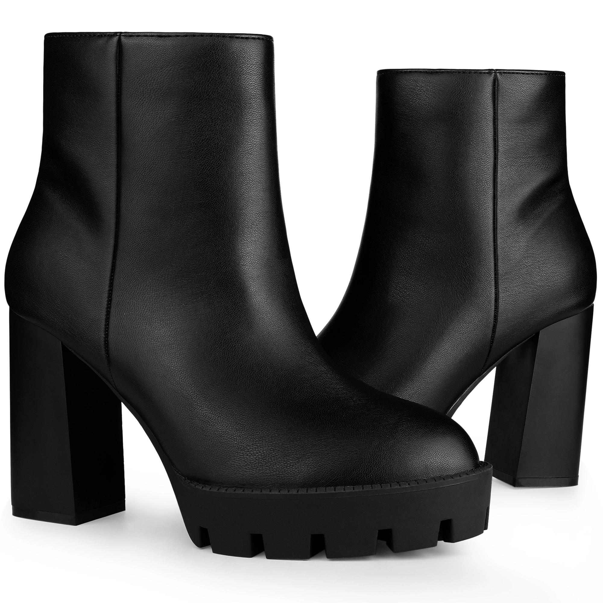 BLISSFUL STEP Women Platform Lug Sole Round Toe Side Zip Block Heeled Boots