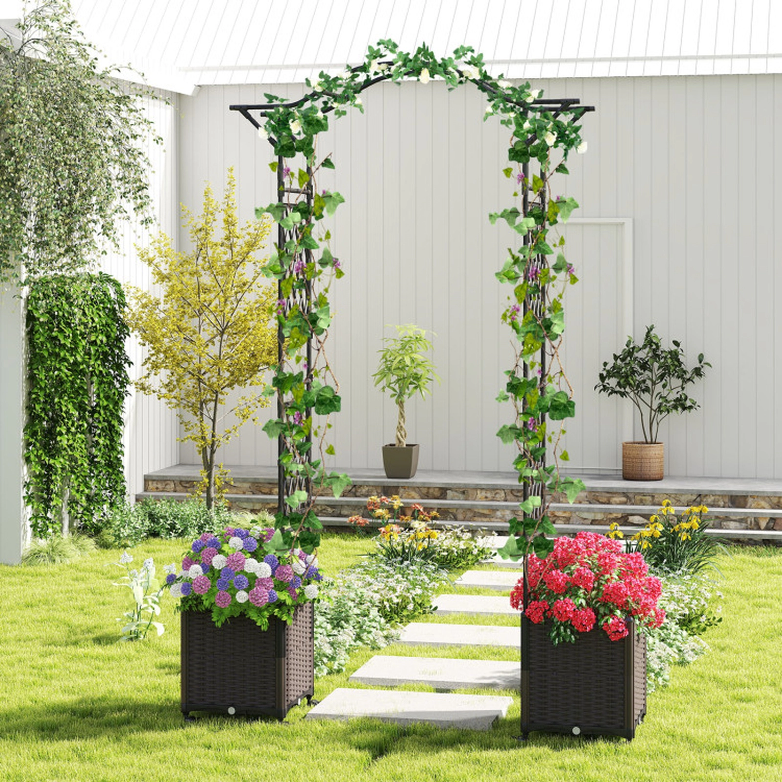 SUGIFT 82 x 99-in Black Metal Garden Arch Trellis with 2 Self-Watering Planter Boxes and Swivel Wheels