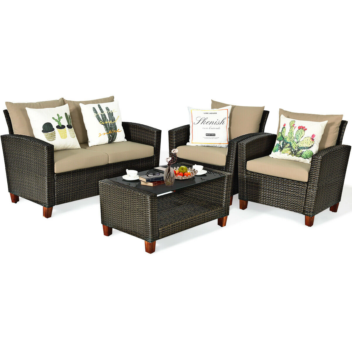 LJG 4 Pieces Patio Rattan Furniture Set with Cushions