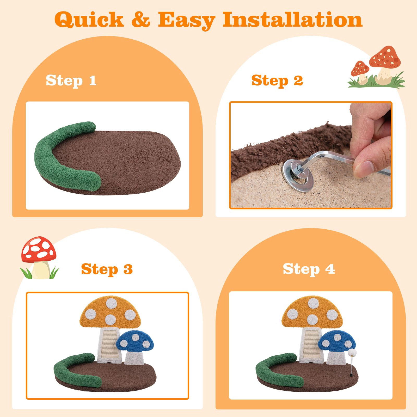 SlickBlue Mushroom Cat Bed with Scratching Board and Toy Ball