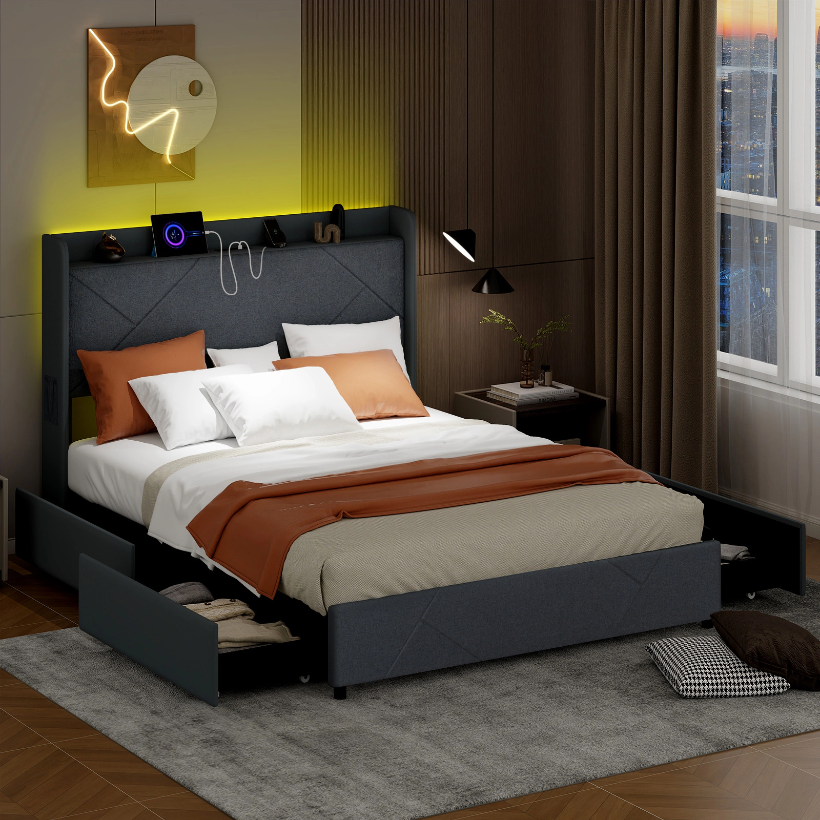 Queen Size Storage Bed Frame with 4 Drawers Upholstered LED Headboard Platform Bed with Shelf Side Pockets Grey