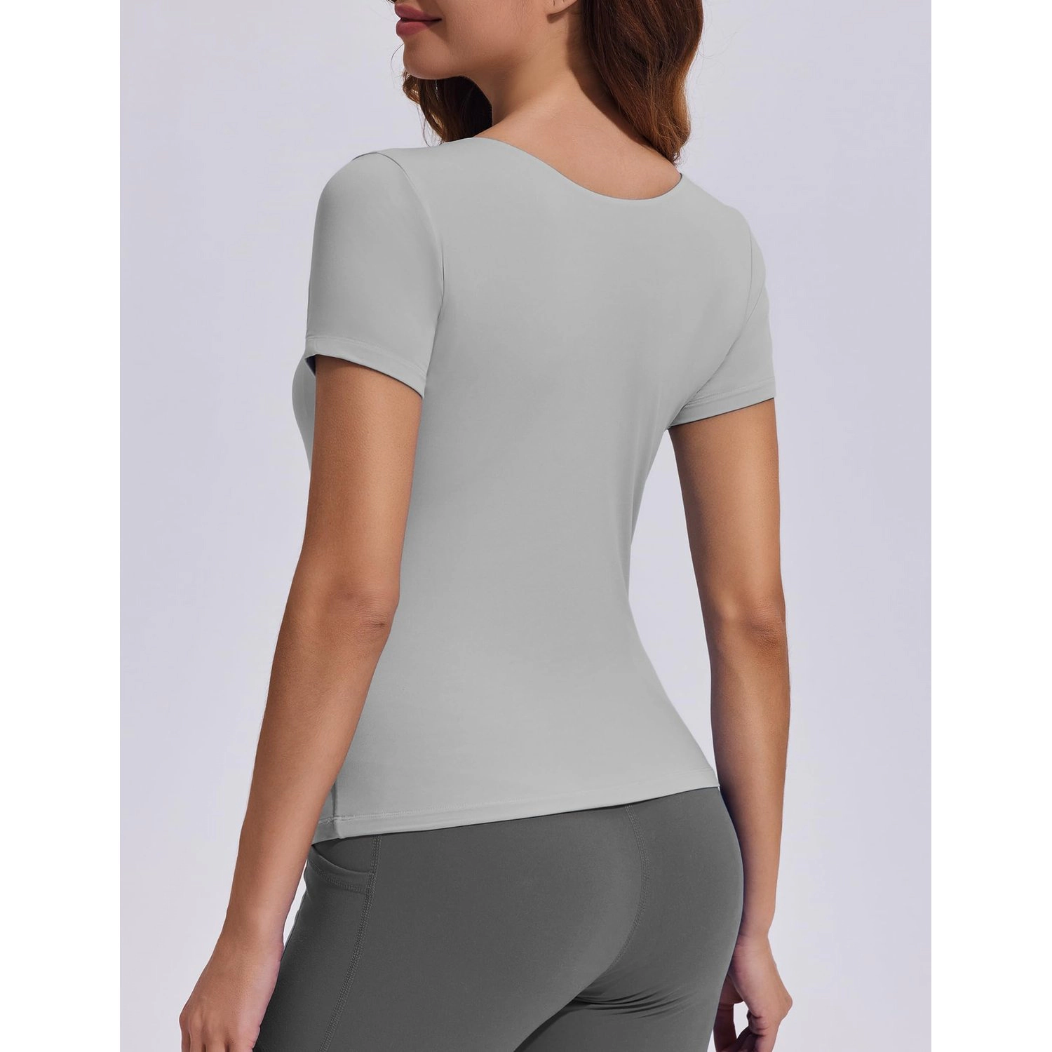 Pinspark Womens Classic Scoop Neck Short Sleeve Tee Solid Light Gray Slim Fit T-Shirt