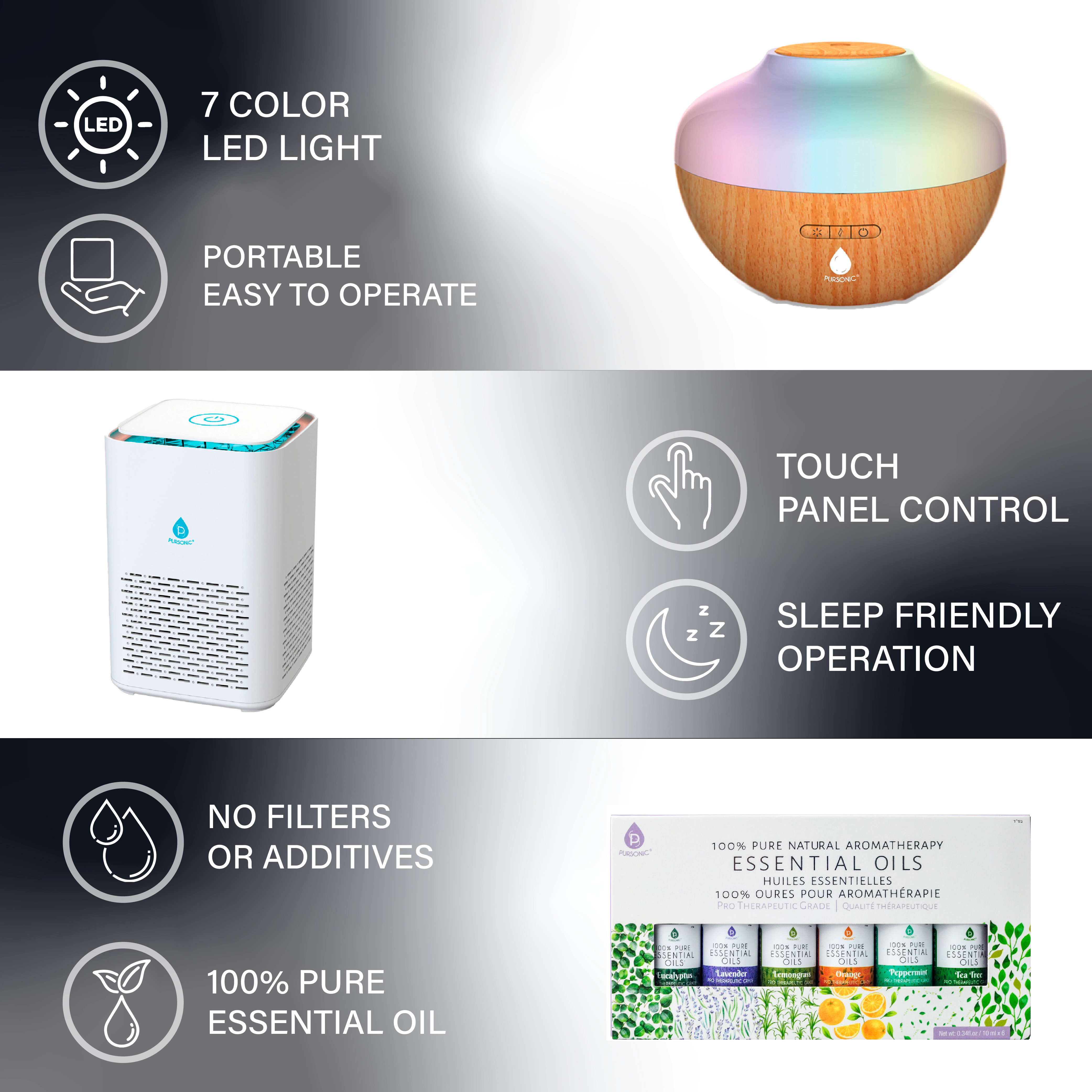 Pursonic Unisex Air Quality & Aromatherapy Wellness Bundle with HEPA Air Purifier, Diffuser & Essential Oils