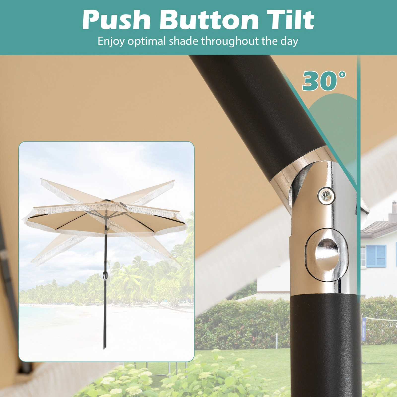 SUGIFT Beige 10 ft Solar Patio Umbrella with 24 LED Lights and 1.5 in Pole
