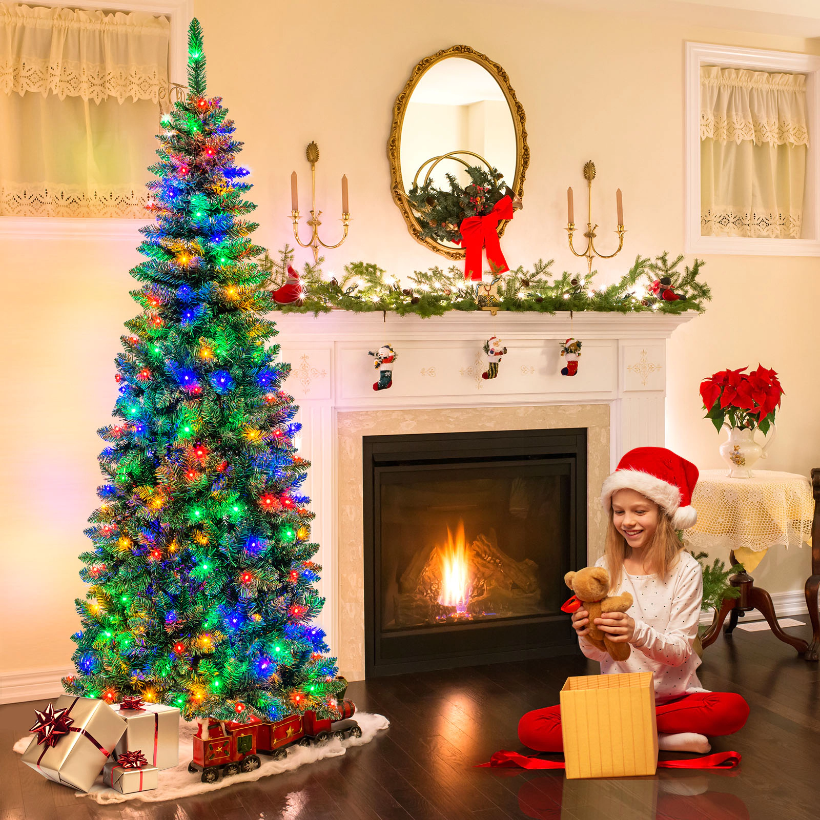 Costway 4.5/6.5/7.5ft Pre-Lit Hinged Pencil Christmas Tree 250 Multicolor Lights
