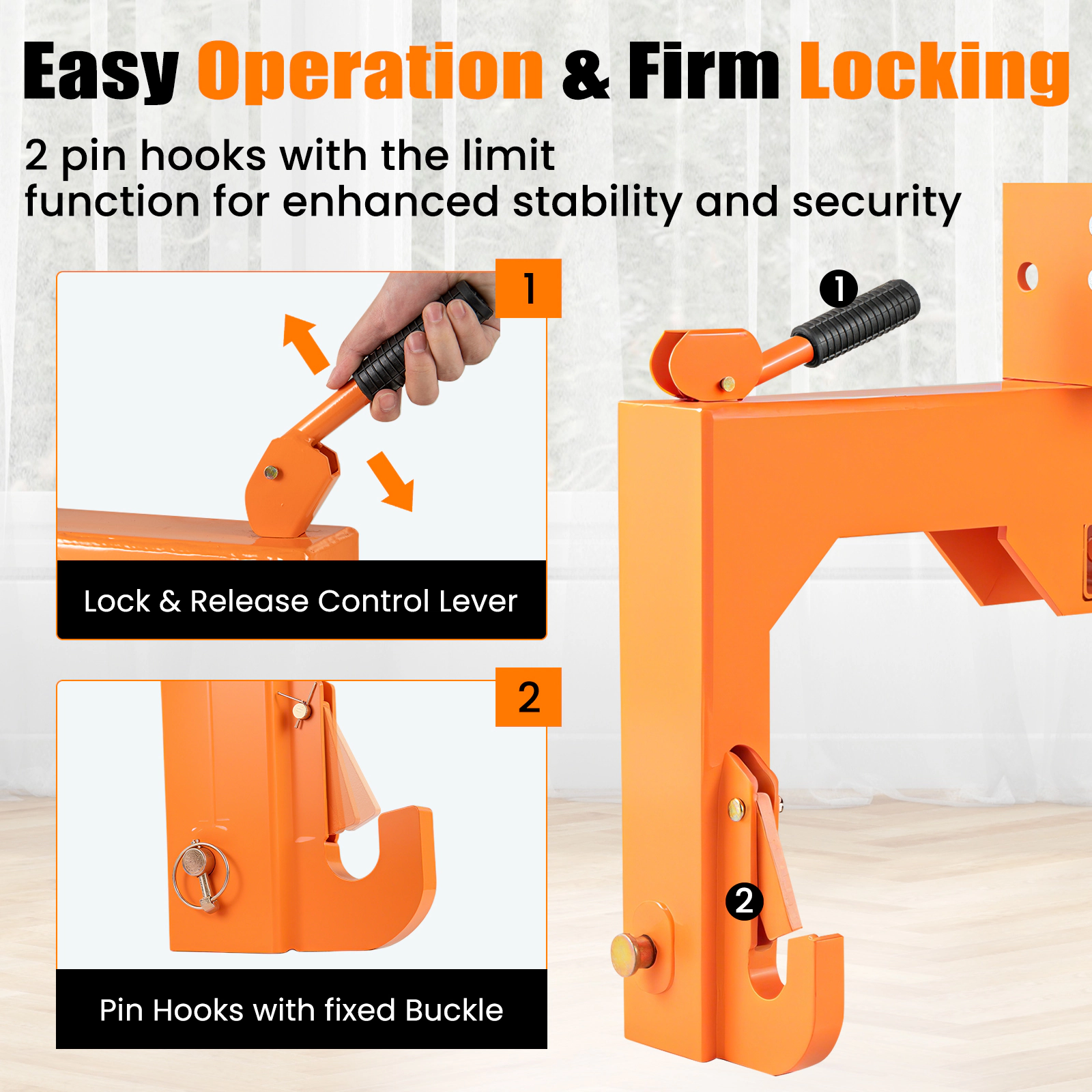 SUGIFT 3-Point Quick Hitch Receiver with 5-Level Adjustable Top Hook 3000-lb Capacity Orange Black