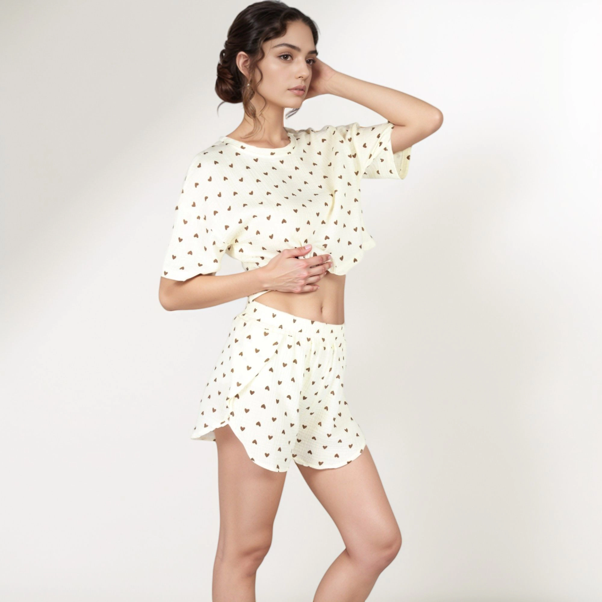 Anna-Kaci Women's Valentine Heart Print Waffle Knit Sleepwear Set with Cropped Tee and Elastic Waist Shorts