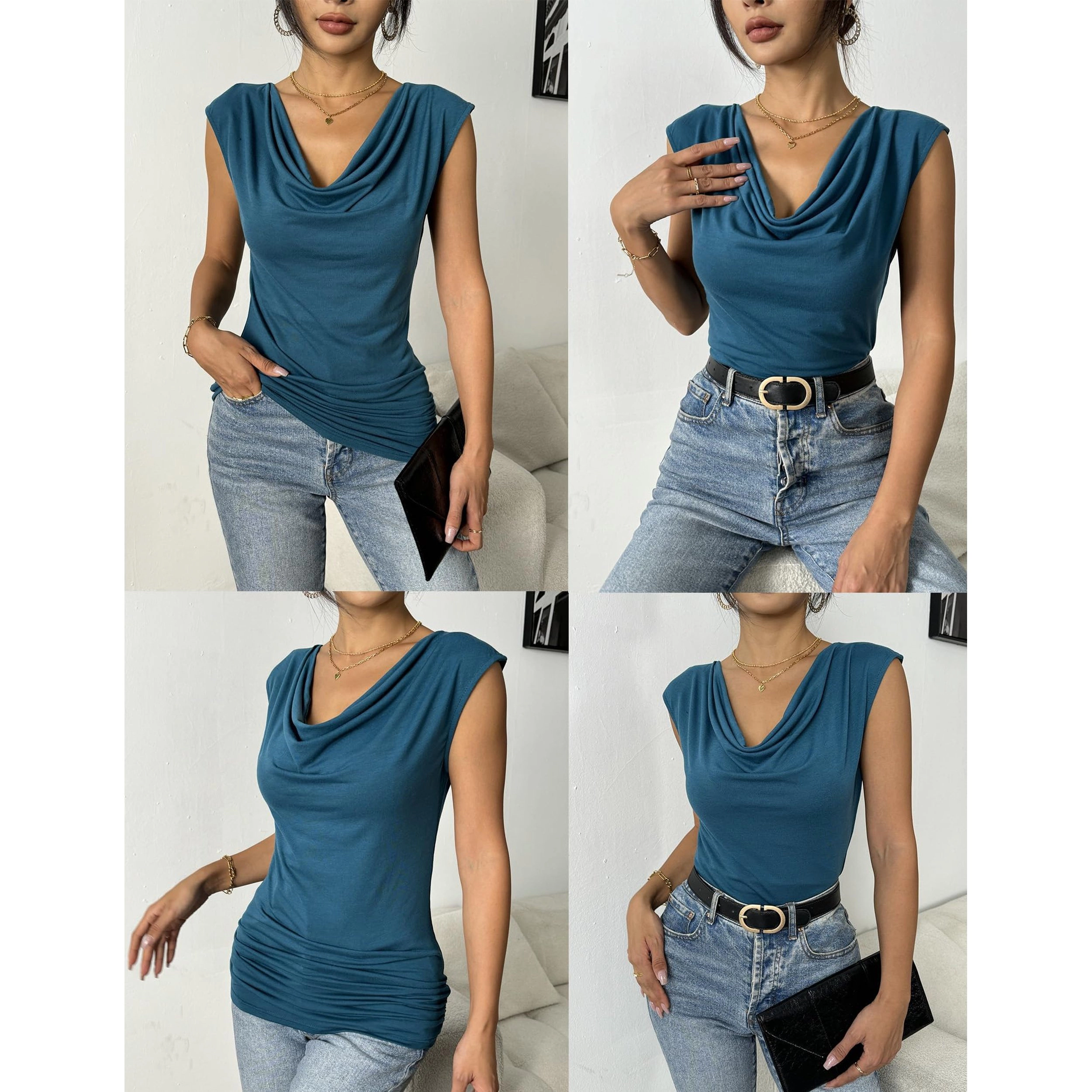 Zeagoo Women's 2-Pack Ruched Cowl Neck Sleeveless Stretch Tank Top with Side Shirring