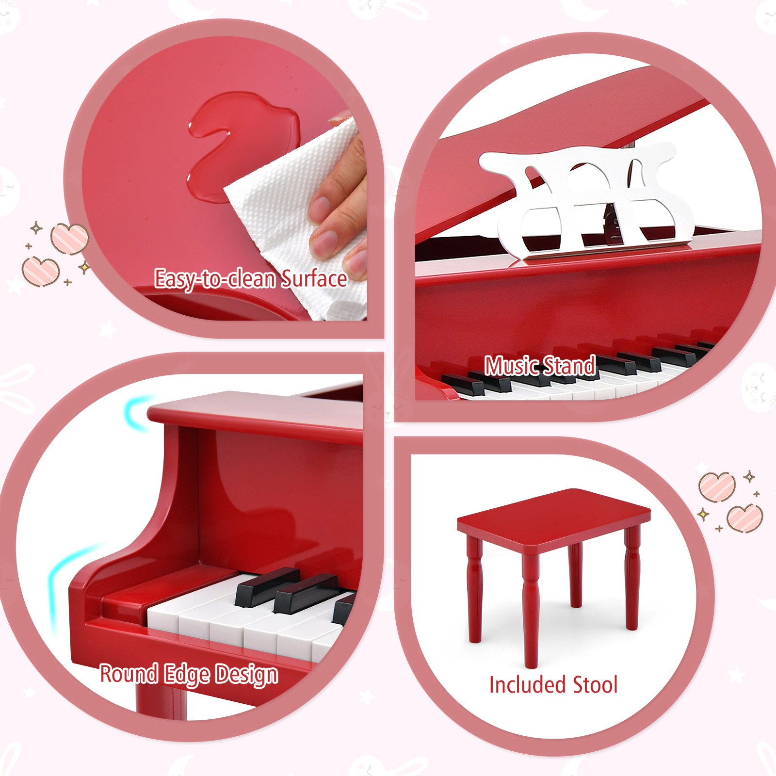 SUGIFT Kids Red 30-Key Wooden Toy Grand Piano with Bench and Music Rack 20-in W 19-in D 19-in H Ages 3-8