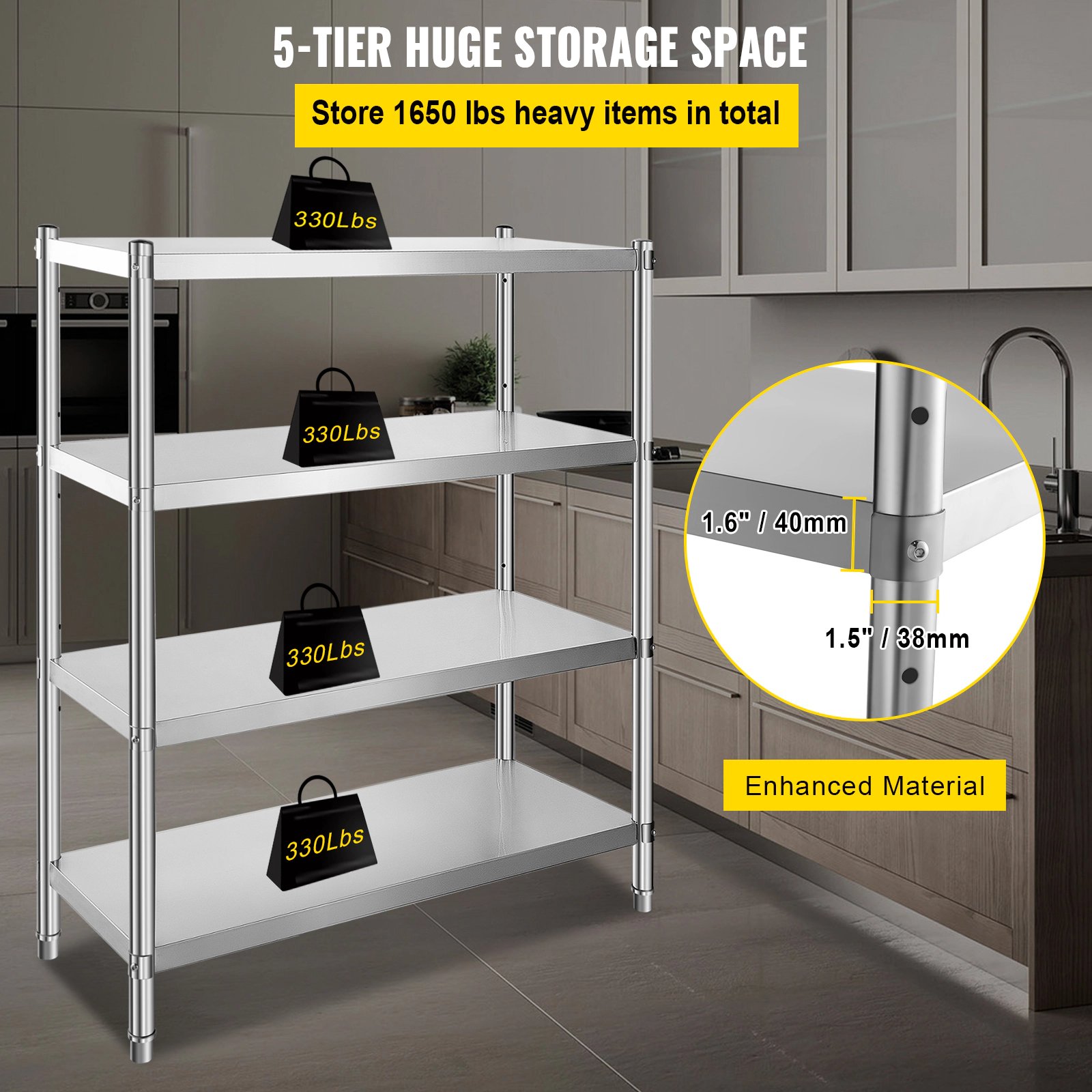 Flynama 4 Tier 46.8 x 18.5 in Stainless Steel Shelving 330 LB Per Shelf for Kitchen Office and Garage Storage