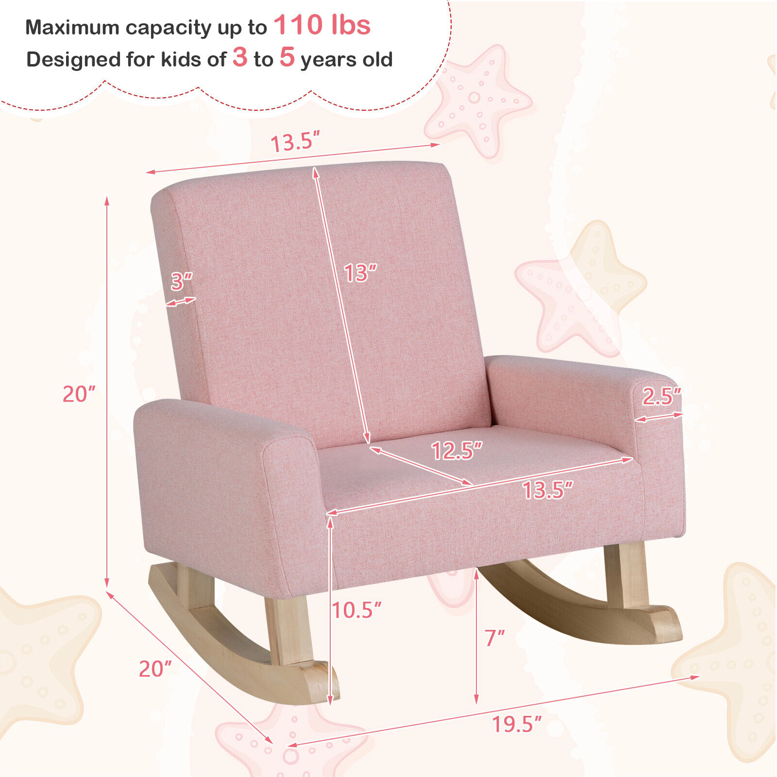 Kids Rocking Chair Toddler Rocker with Linen Upholstery Solid Poplar Wood Legs Anti-Tip Curved Runners Pink