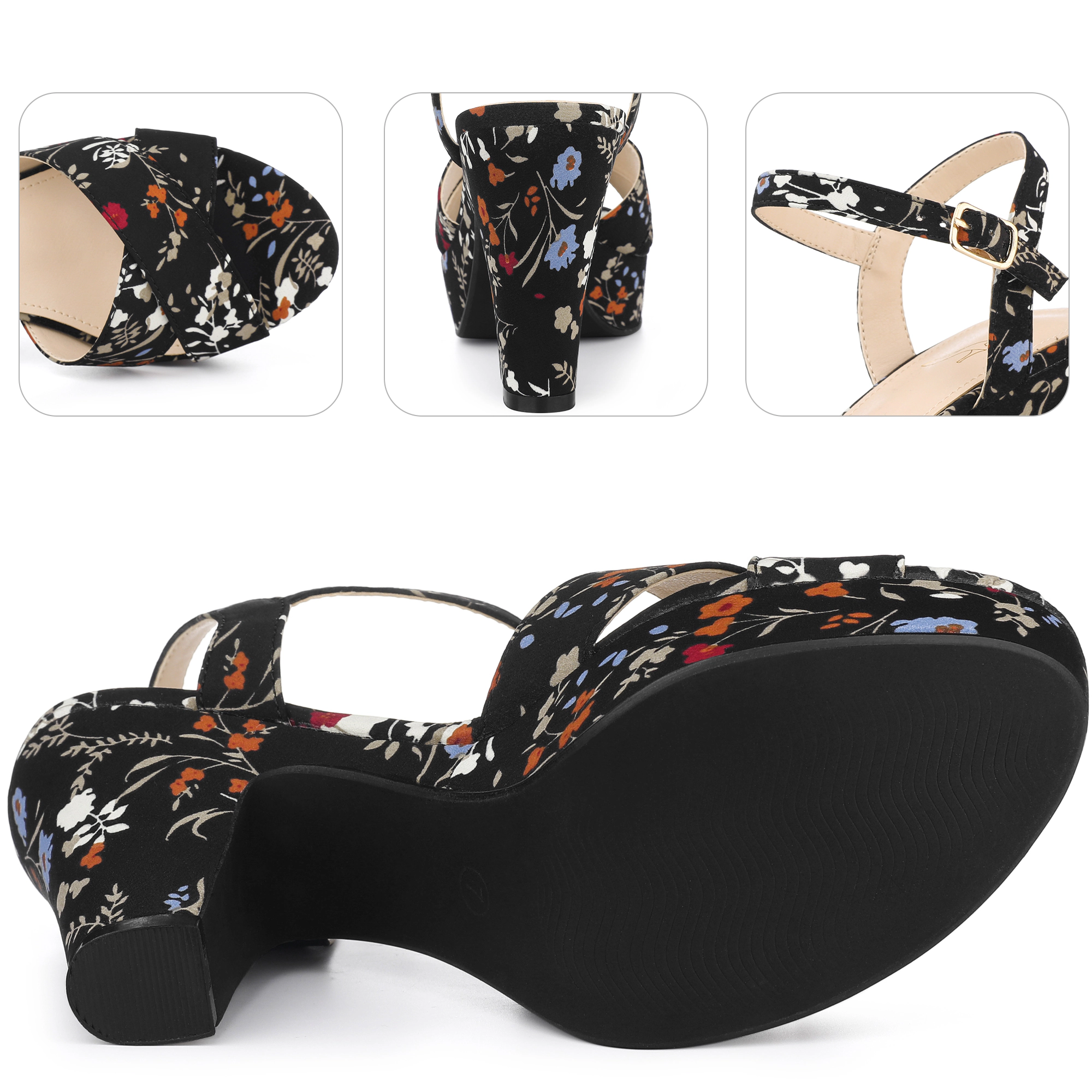 BLISSFUL STEP Women's Platform Heel Slingback Floral Heels Sandals