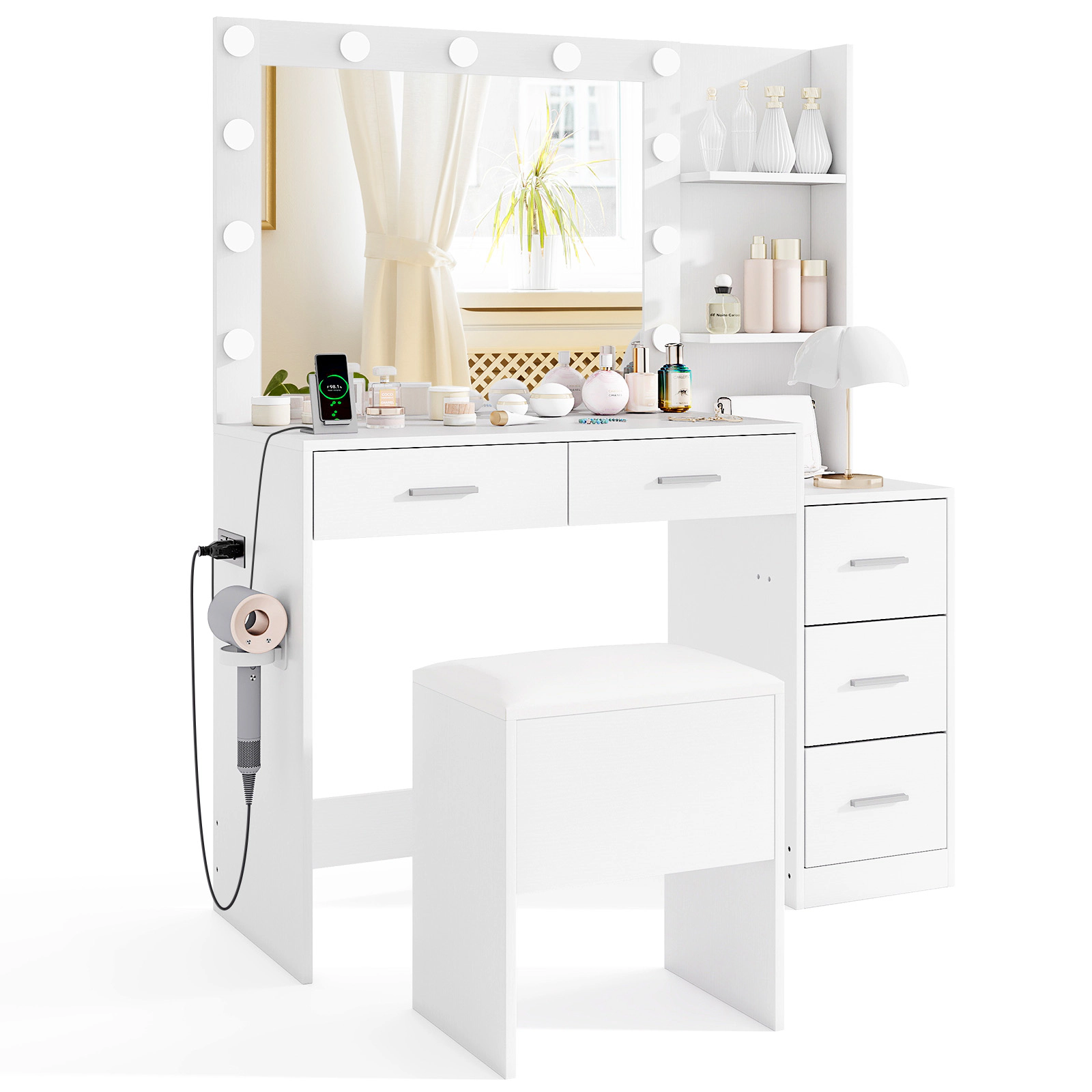 LJG Makeup Table and Stool Set with Hair Dryer Stand
