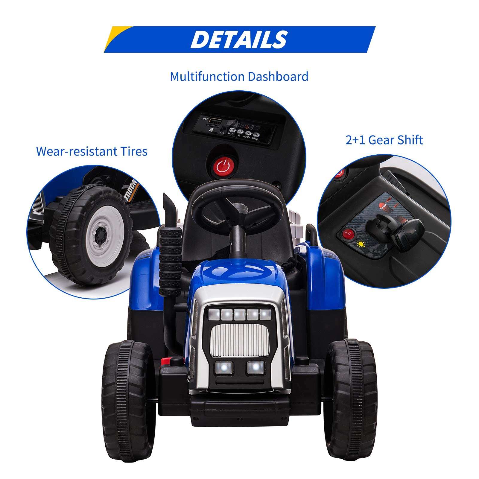 Enjyam 12V Kids Electric Tractor with Trailer, Ride On Car w/Remote, 7-LED Lights, 3-Speed, MP3/USB, Tread Tires,25W