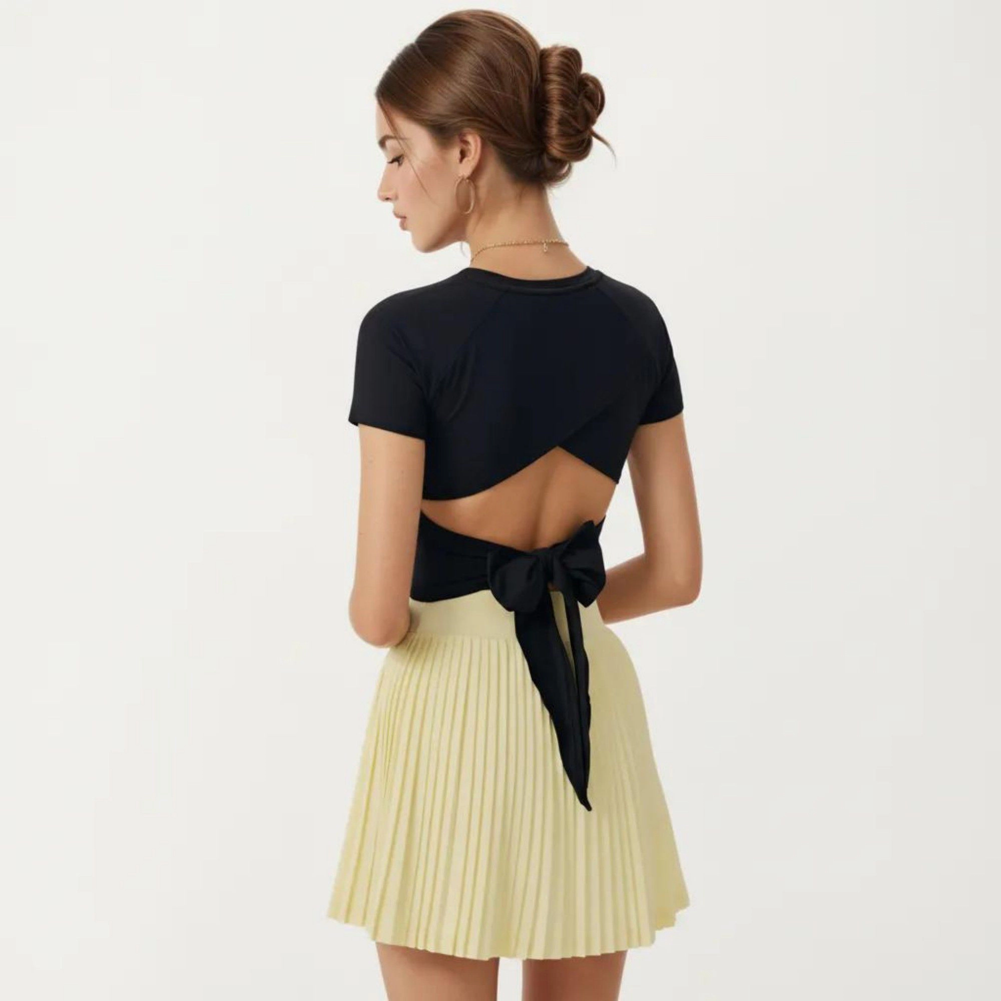 Anna-Kaci Women's Short Sleeve Cropped Active Top with Open Back Tie Detail and Stretch Fit