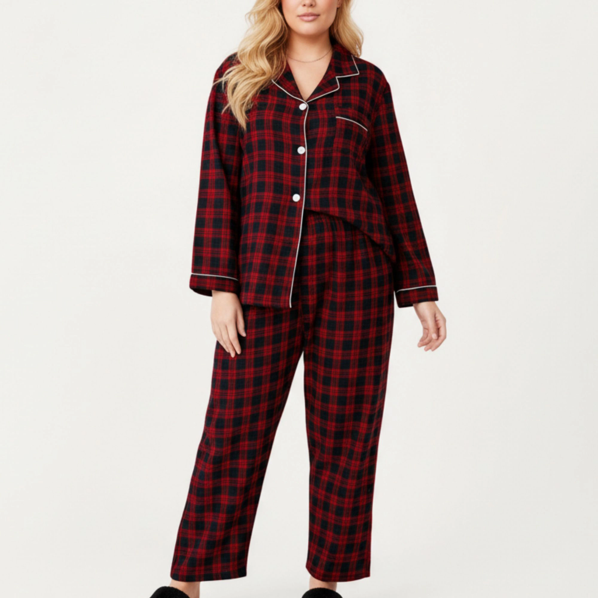 Anna-Kaci Women's Plus 2-Piece Plaid Button Front Pajama Top with Soft Brushed Fabric Matching Relaxed-Fit Pants