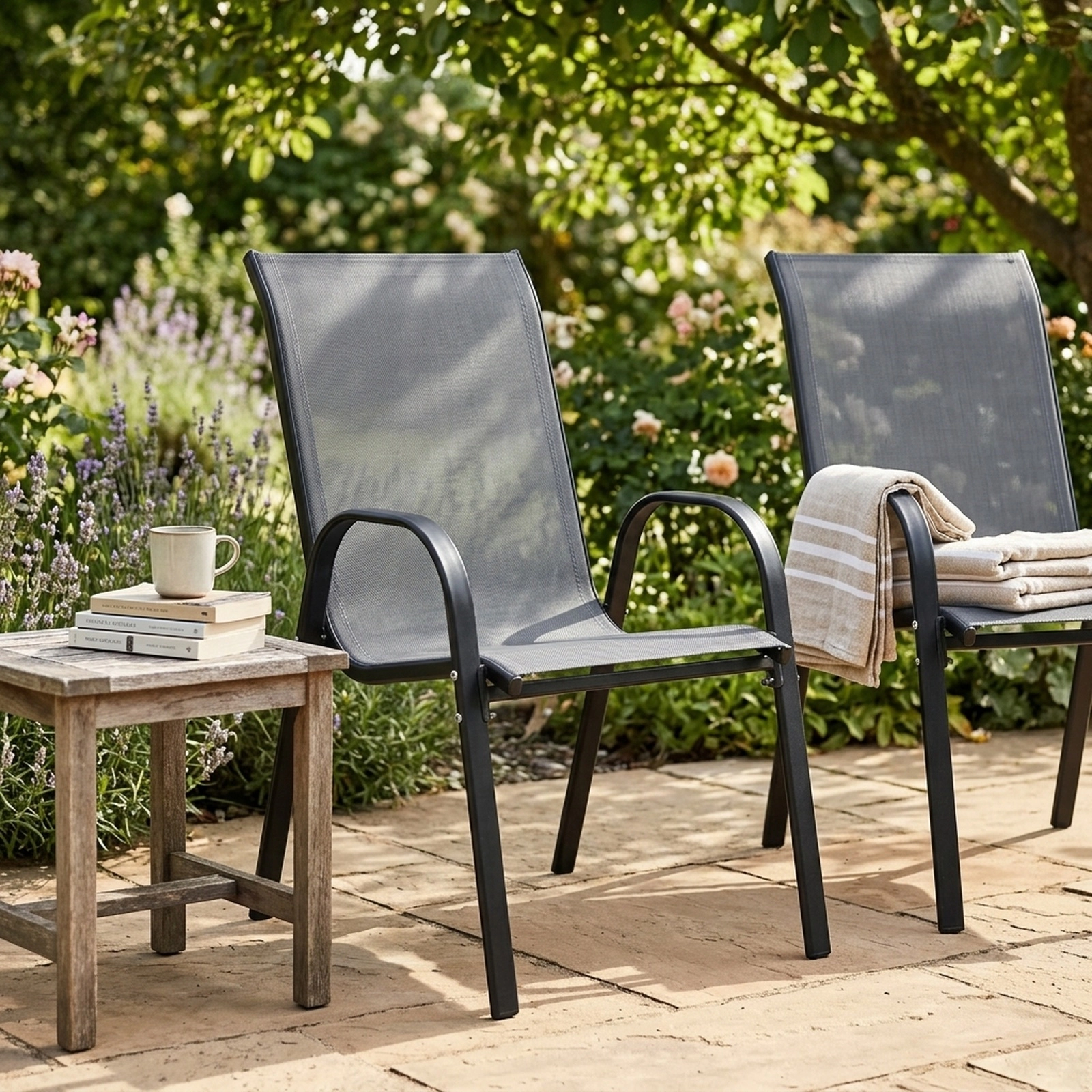 SUGIFT Set of 4 Stackable Patio Dining Chairs, Gray Sling Fabric, Steel Frame
