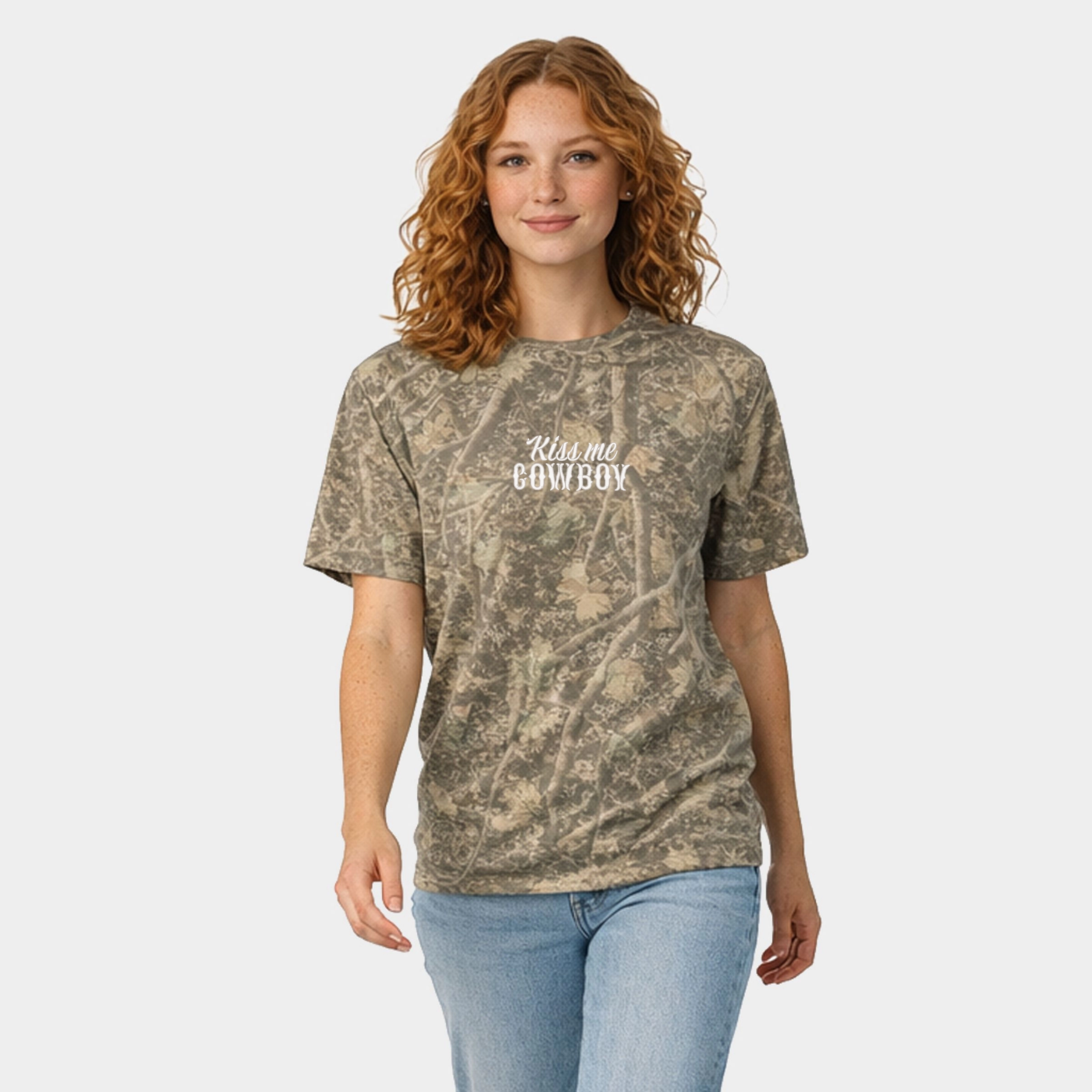 Simply Sage Market Embroidered Kiss Me Cowboy Heavyweight Camo Crew Tee
