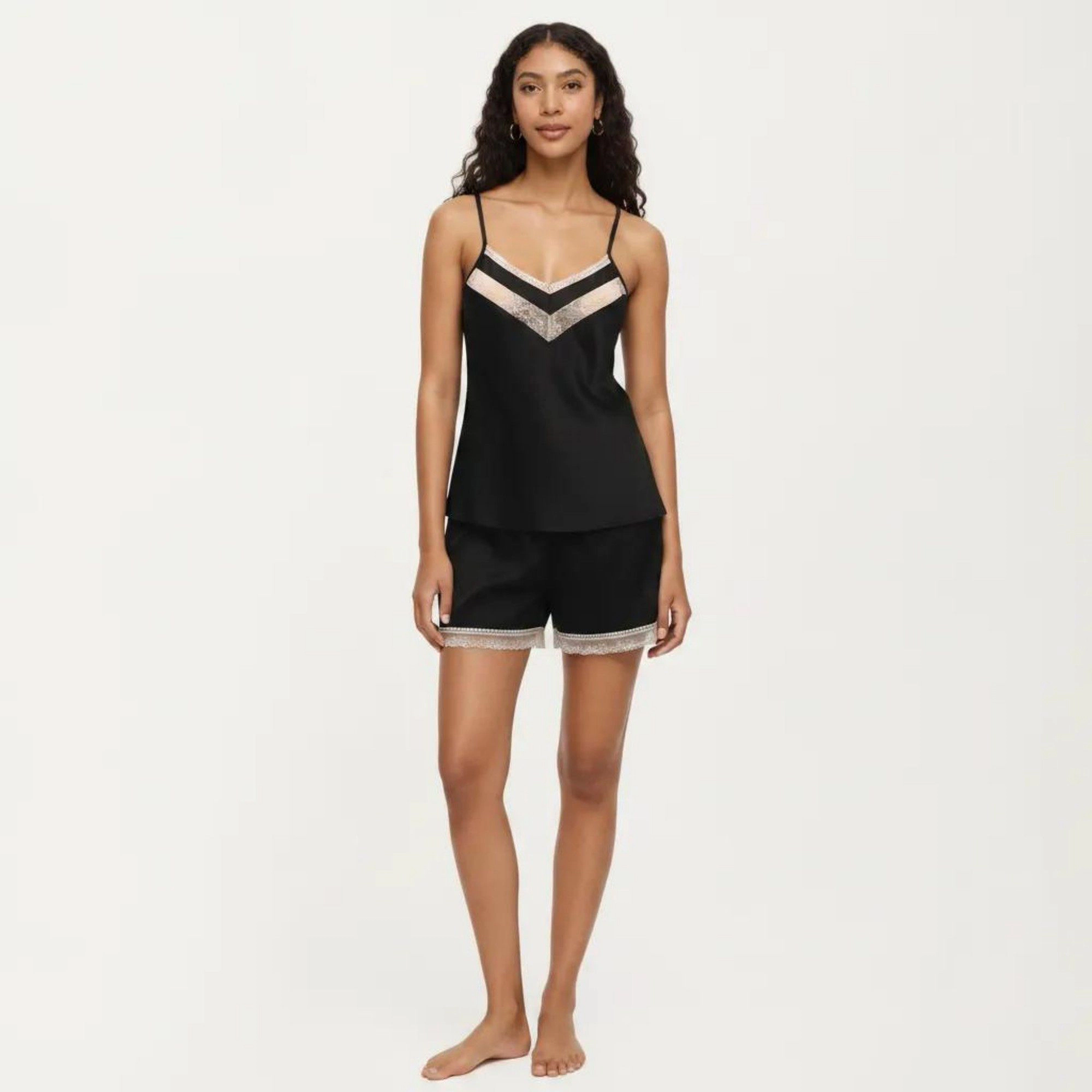 Anna-Kaci Women's 2-Piece Satin Pajama Camisole Top and Shorts with Contrast Lace Trim Adjustable Straps Sleepwear