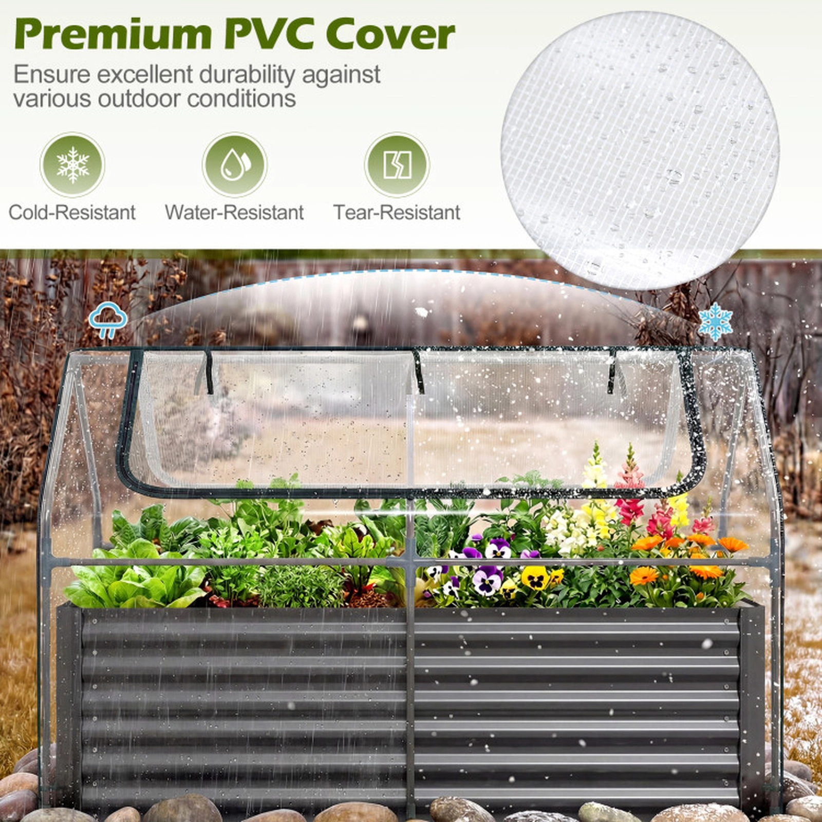 SUGIFT Galvanized Raised Garden Bed with Mini Greenhouse Cover Outdoor Planter Black + Clear/Silver + Clear