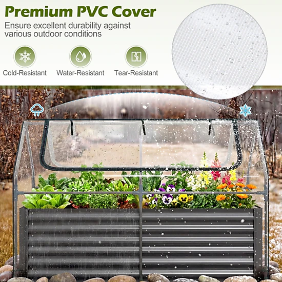 SUGIFT Galvanized Raised Garden Bed with Mini Greenhouse Cover Outdoor Planter Black + Clear/Silver + Clear