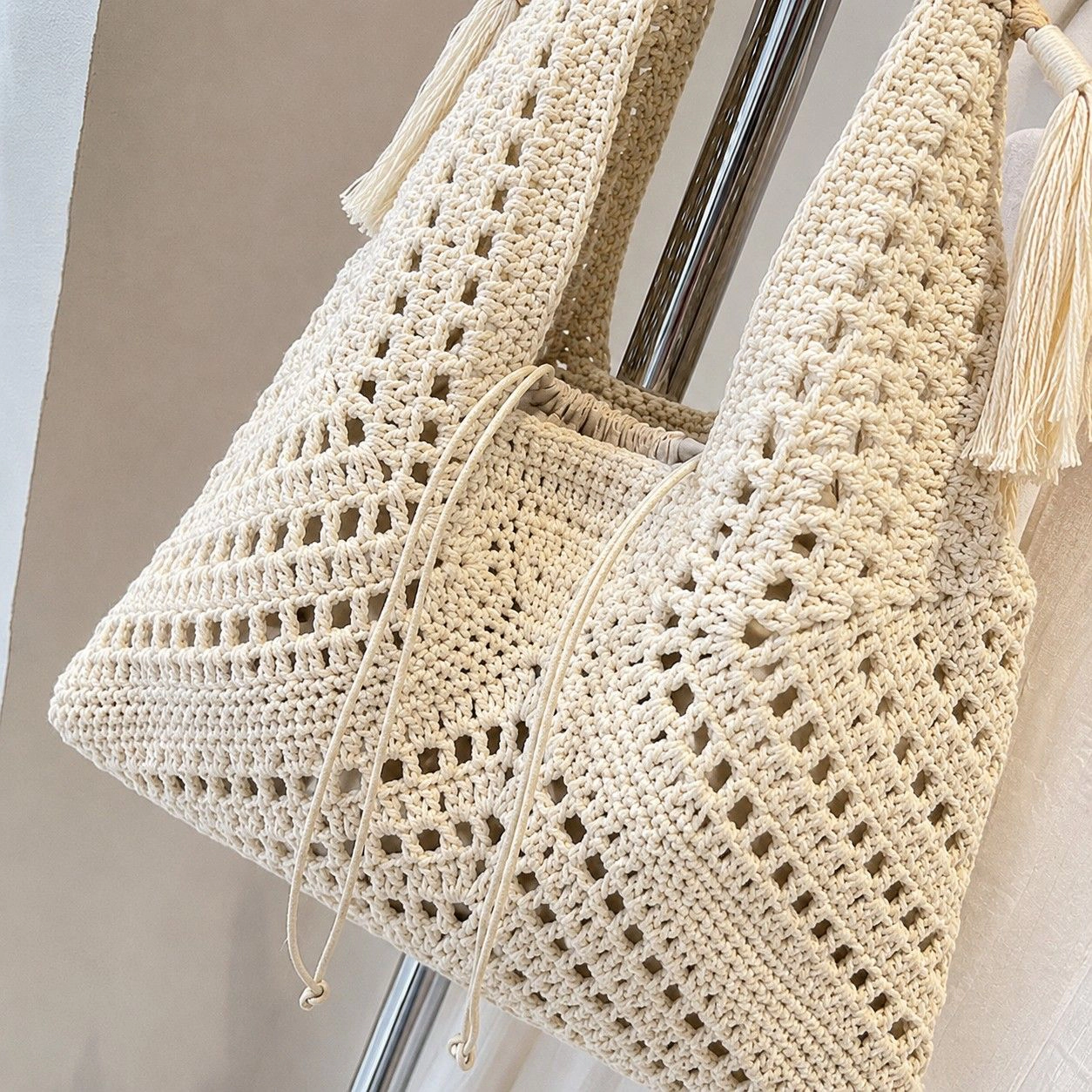 Alilang Women's Woven Crochet Hobo Shoulder Bag with Tassel Detail Soft Knit Slouchy Tote Drawstring Style, Beige