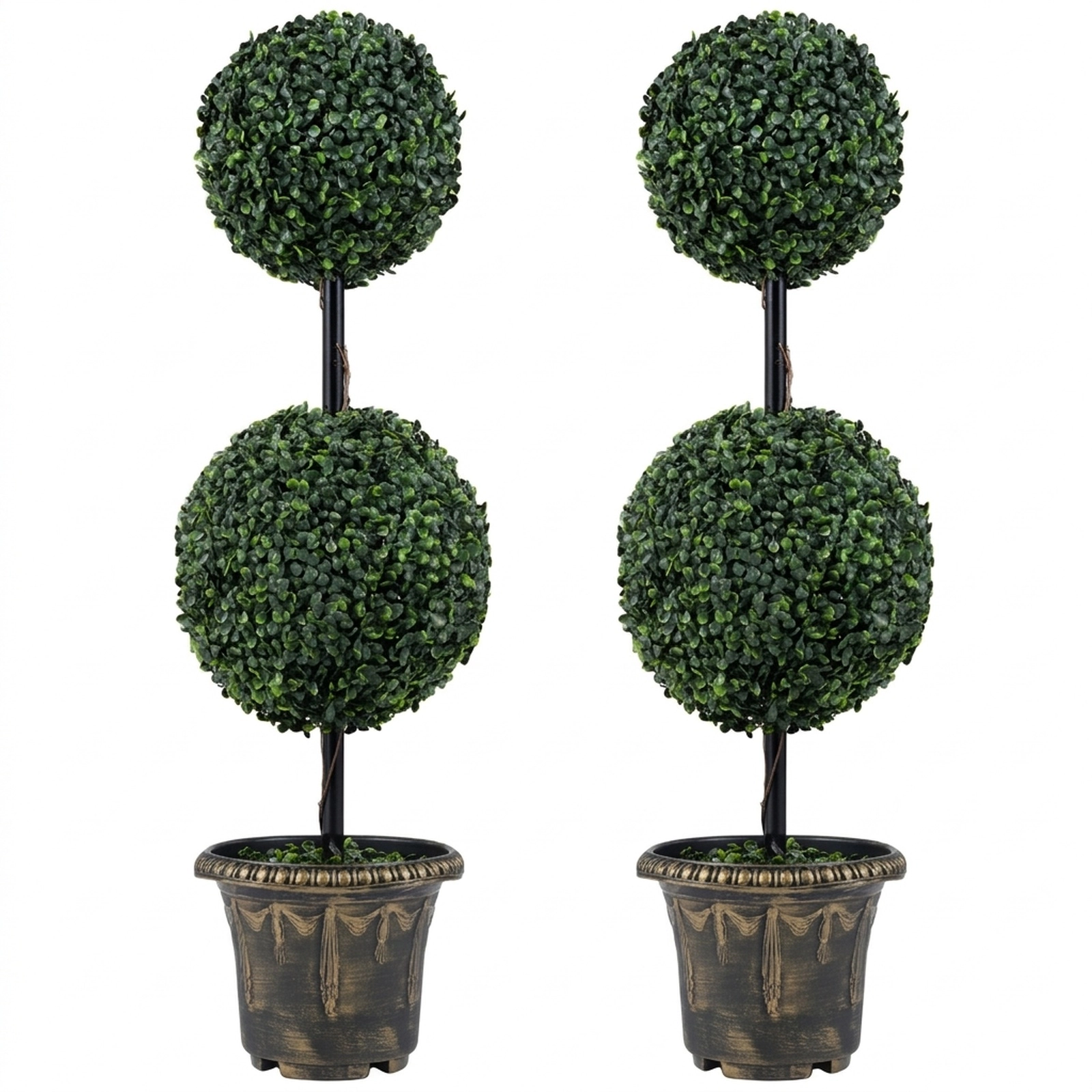 SUGIFT Set of 2 35-in Artificial Boxwood Double Ball Topiary Trees with Metal Trunks and Black Golden Pots
