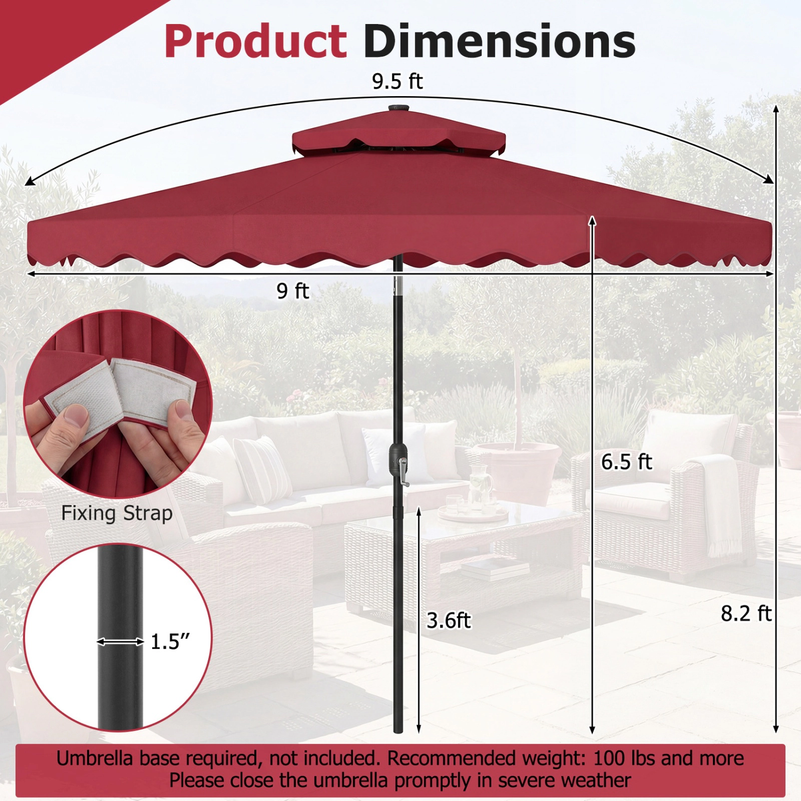 SUGIFT 9-ft Red Solar LED Market Patio Umbrella, 24 Lights, Push-Button Tilt, Crank Lift