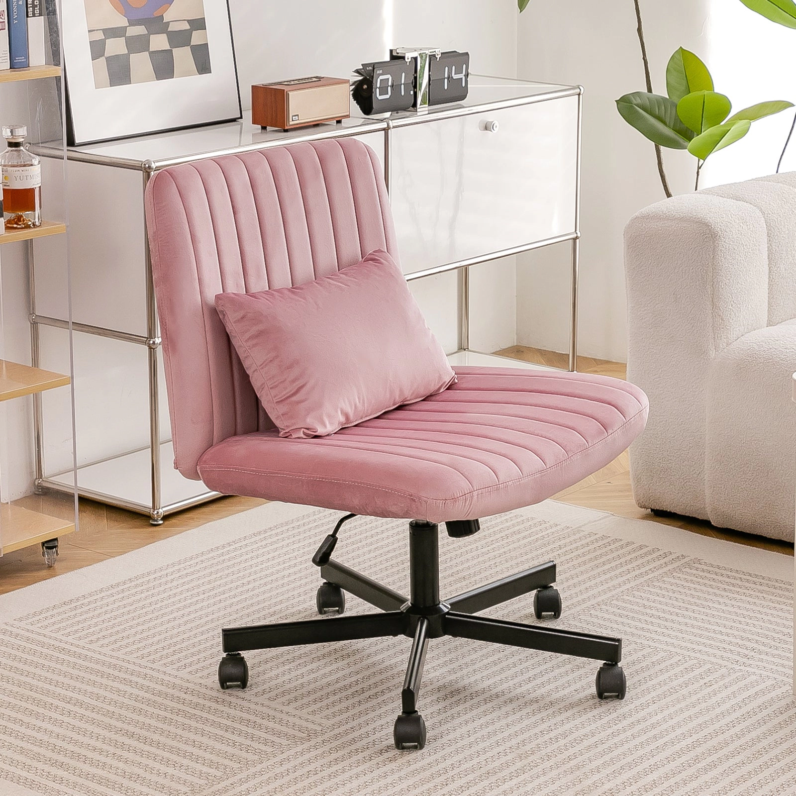 Platinum-Level Office Chairs Light Pink Velvet Swivel Office Chair with Cushioned Comfort